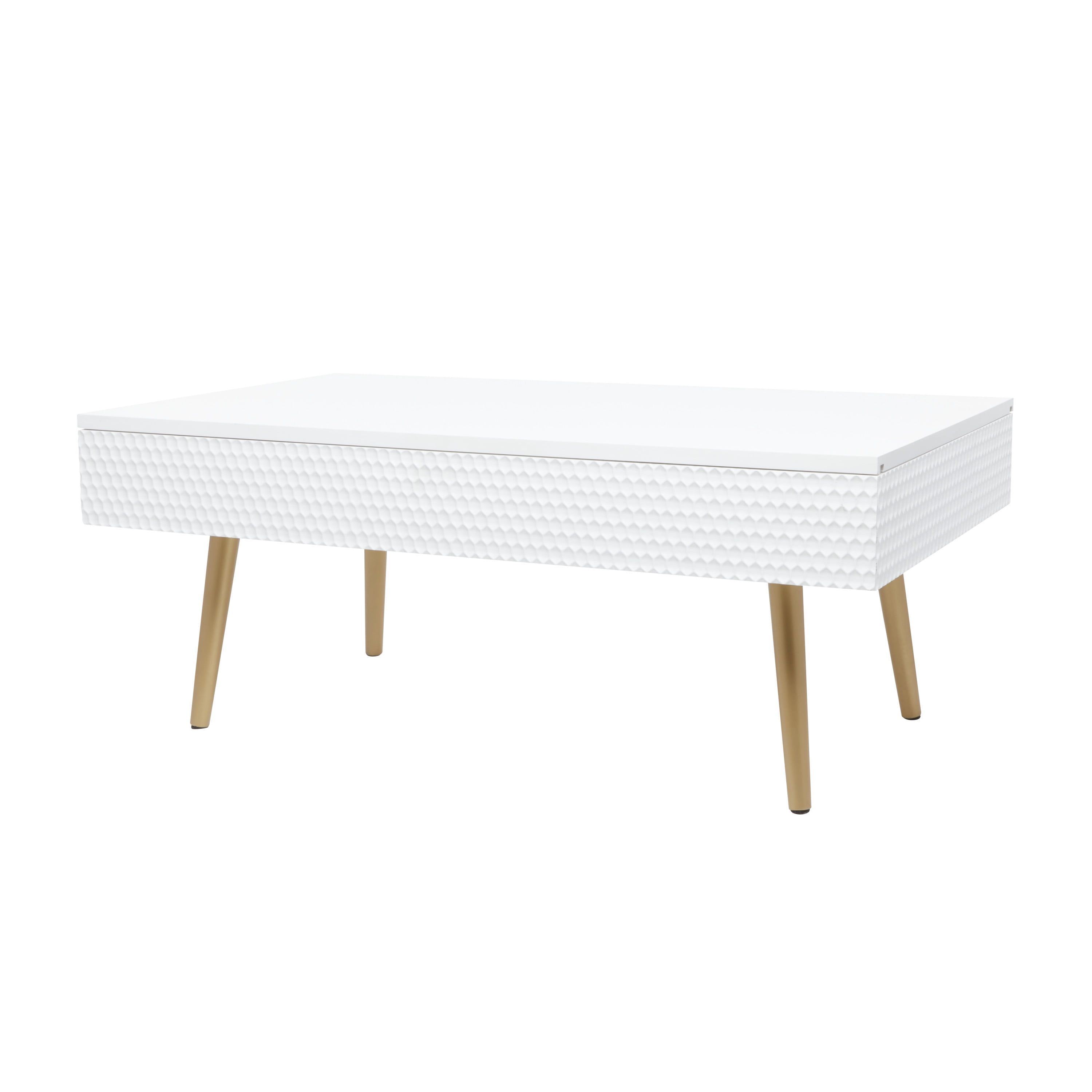 Contemporary White and Gold Rectangular Coffee Table with Storage