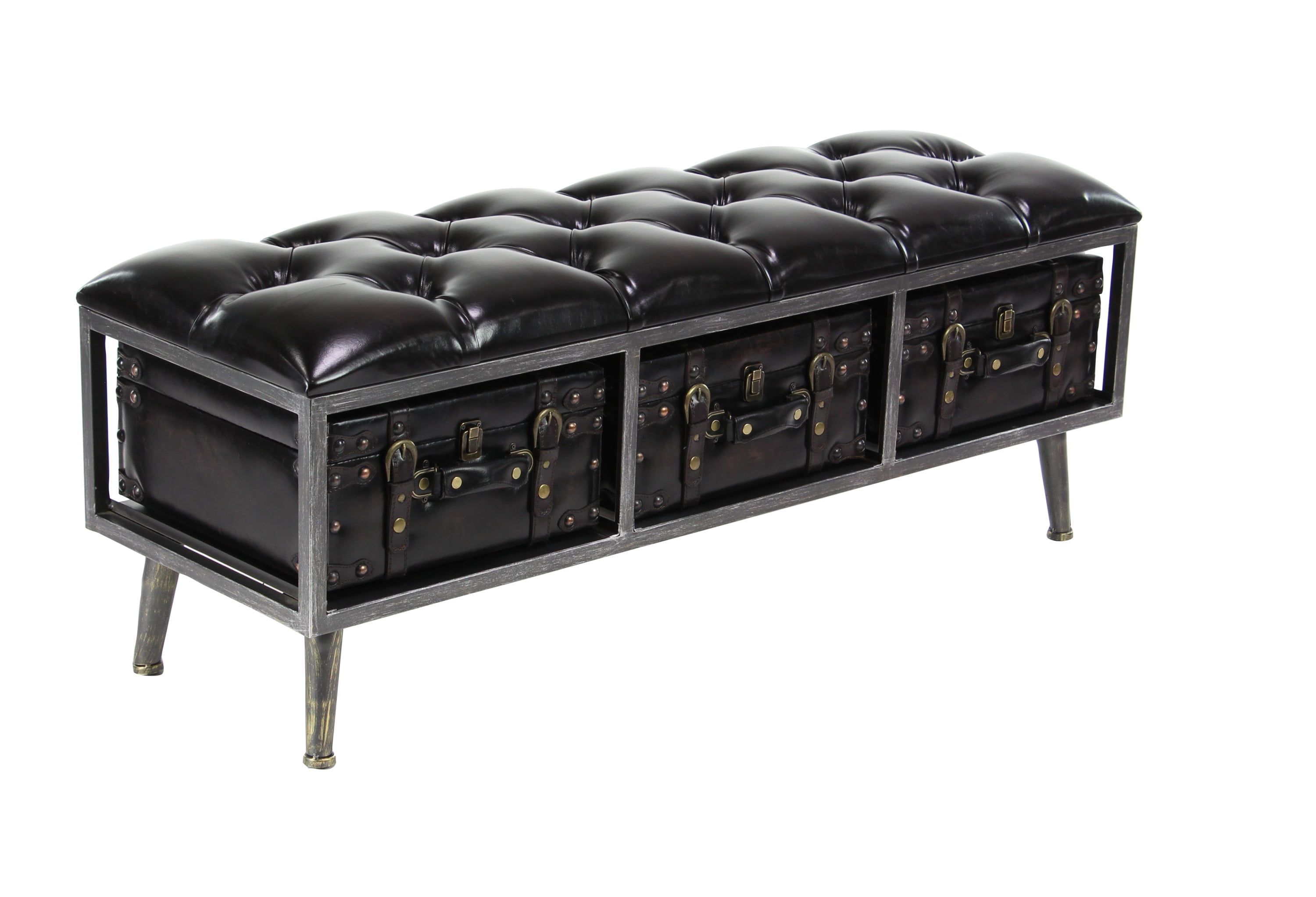 Black Iron and Faux Leather 48" Storage Bench with 3 Drawers