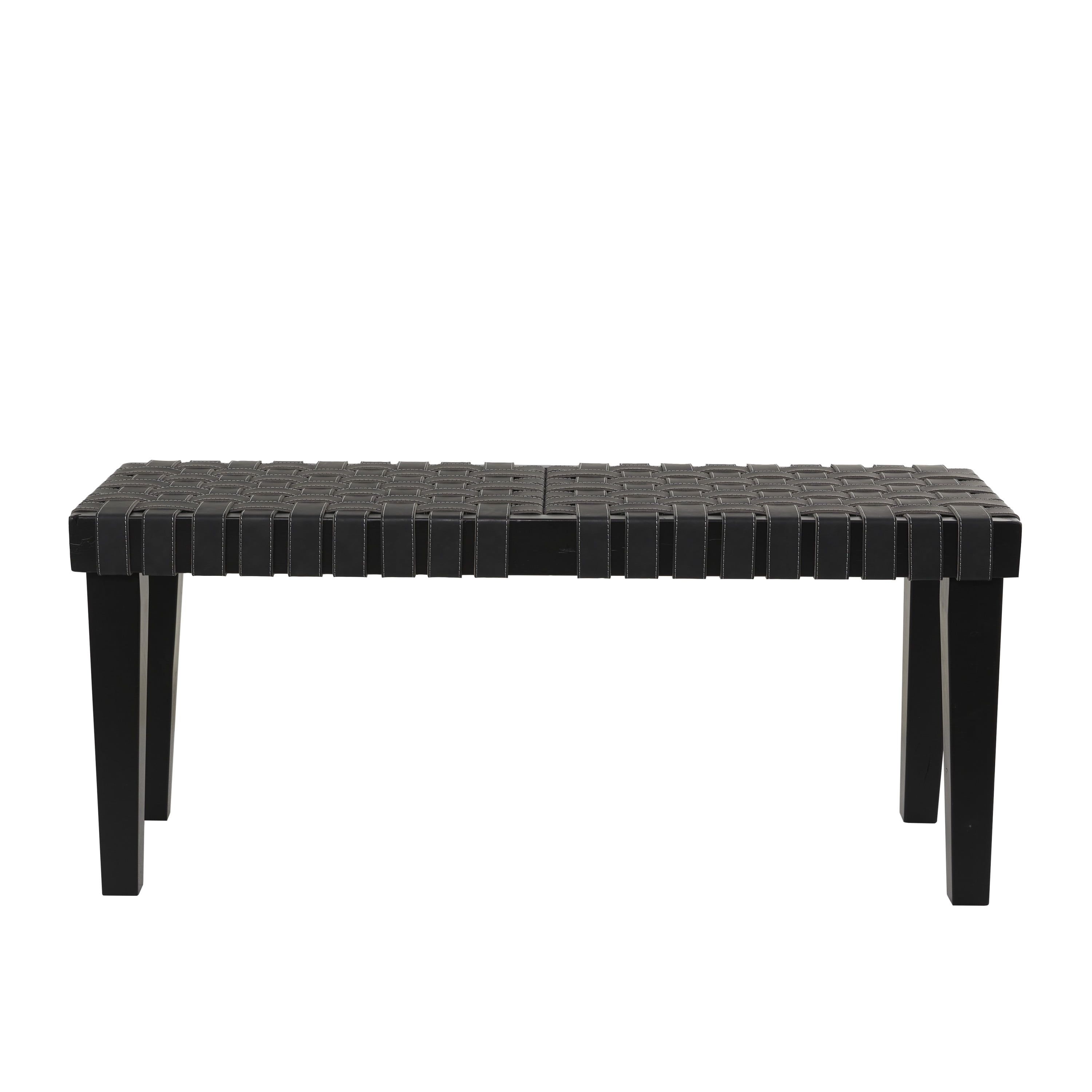 Black Woven Faux Leather Bench with Birch Legs