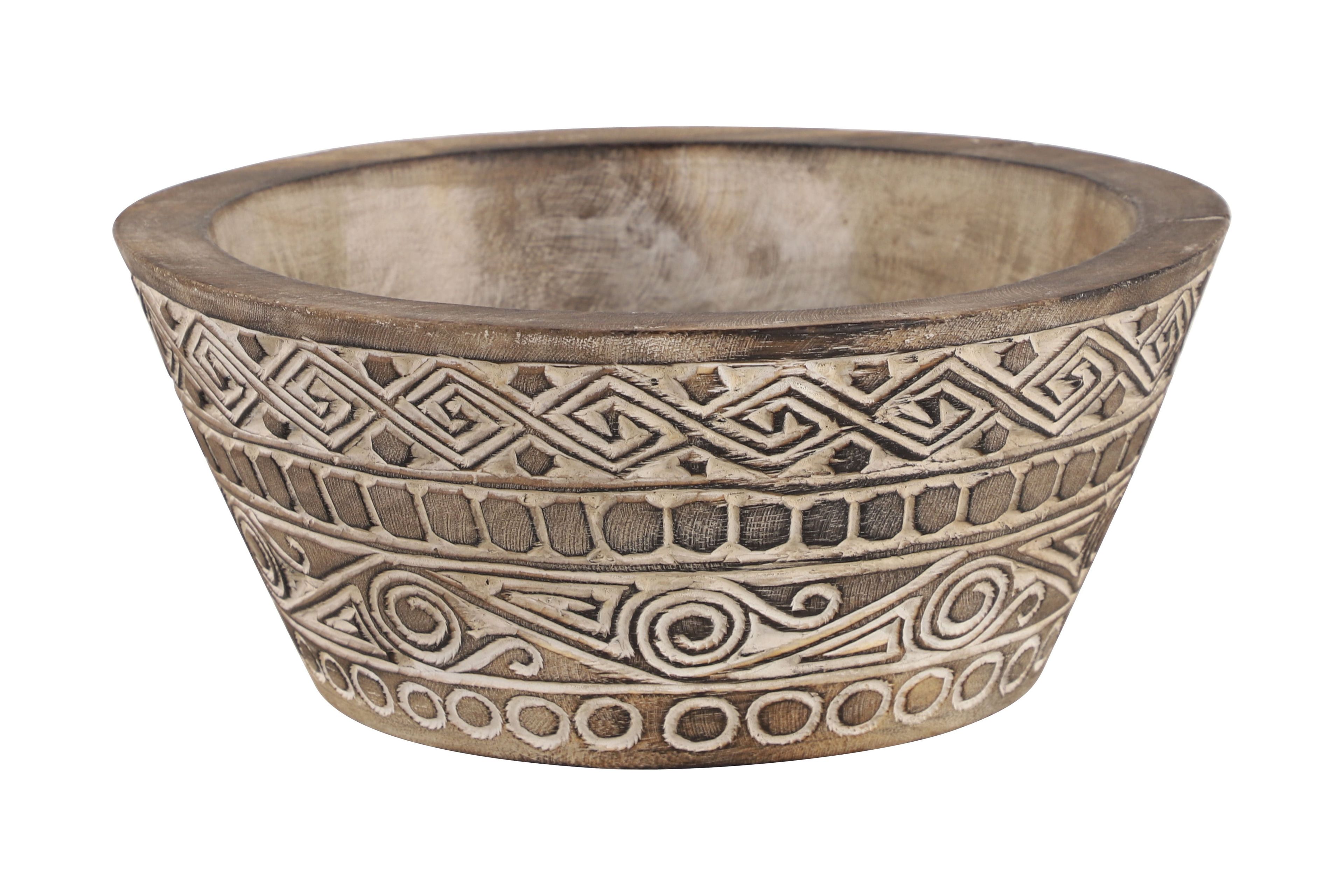 Artisanal Hand-Carved Light Brown and White Wood Tribal Bowl, 15.5"