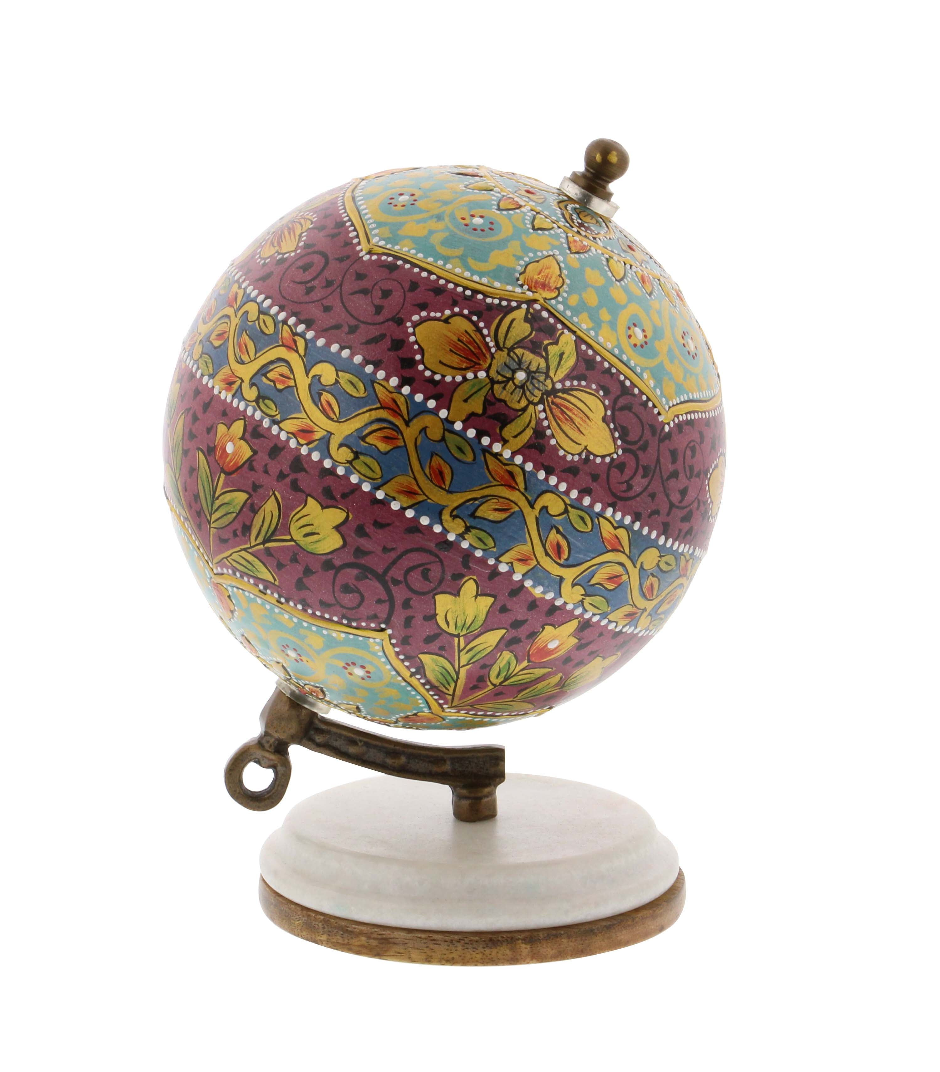 Multicolored Resin and Wood Decorative Globe with Marble Base