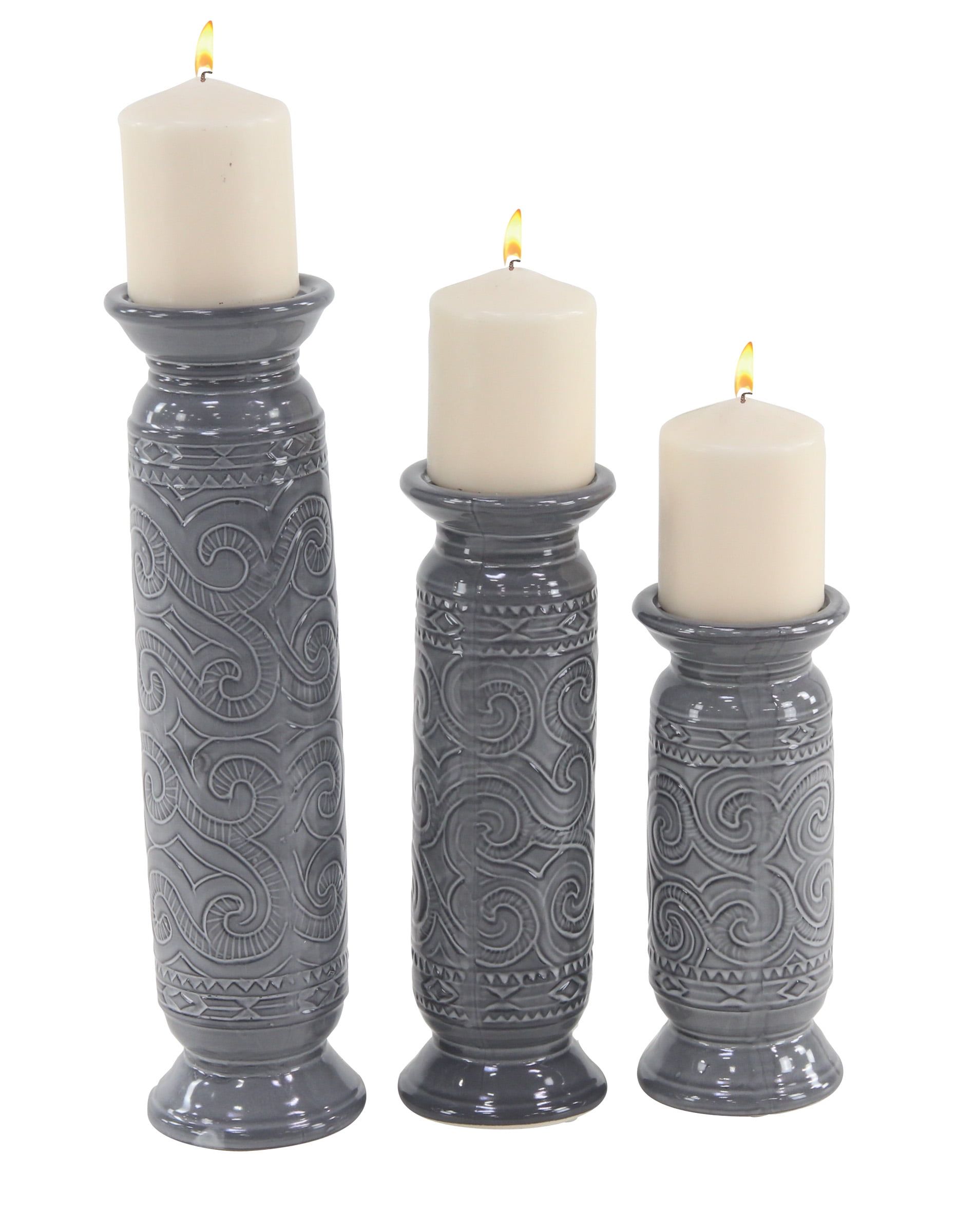 Elegant Scrollwork 9"-15" Gray Ceramic Candlestick Trio