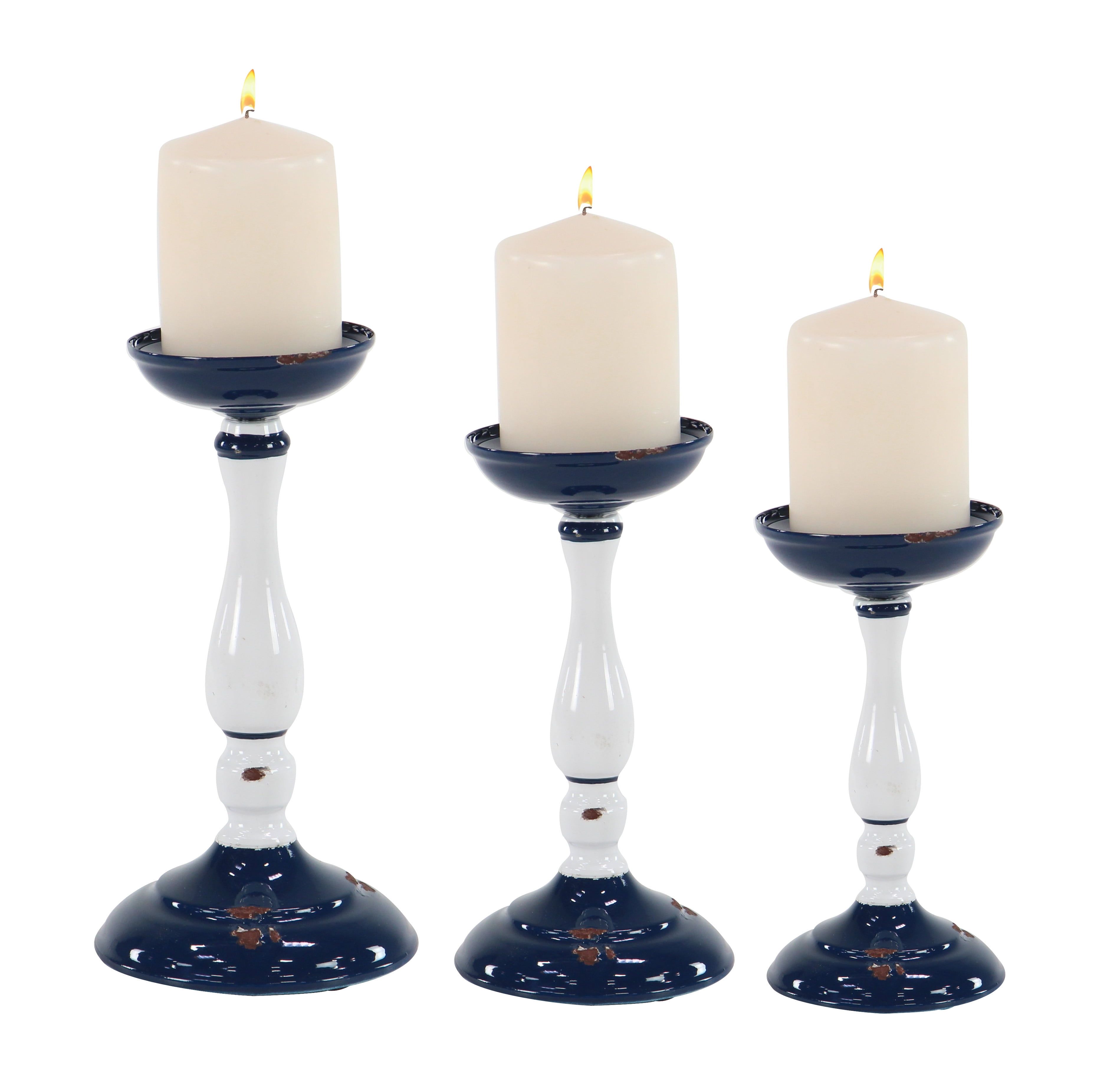 Rustic White and Blue Wood Candlestick Set, 20" Length