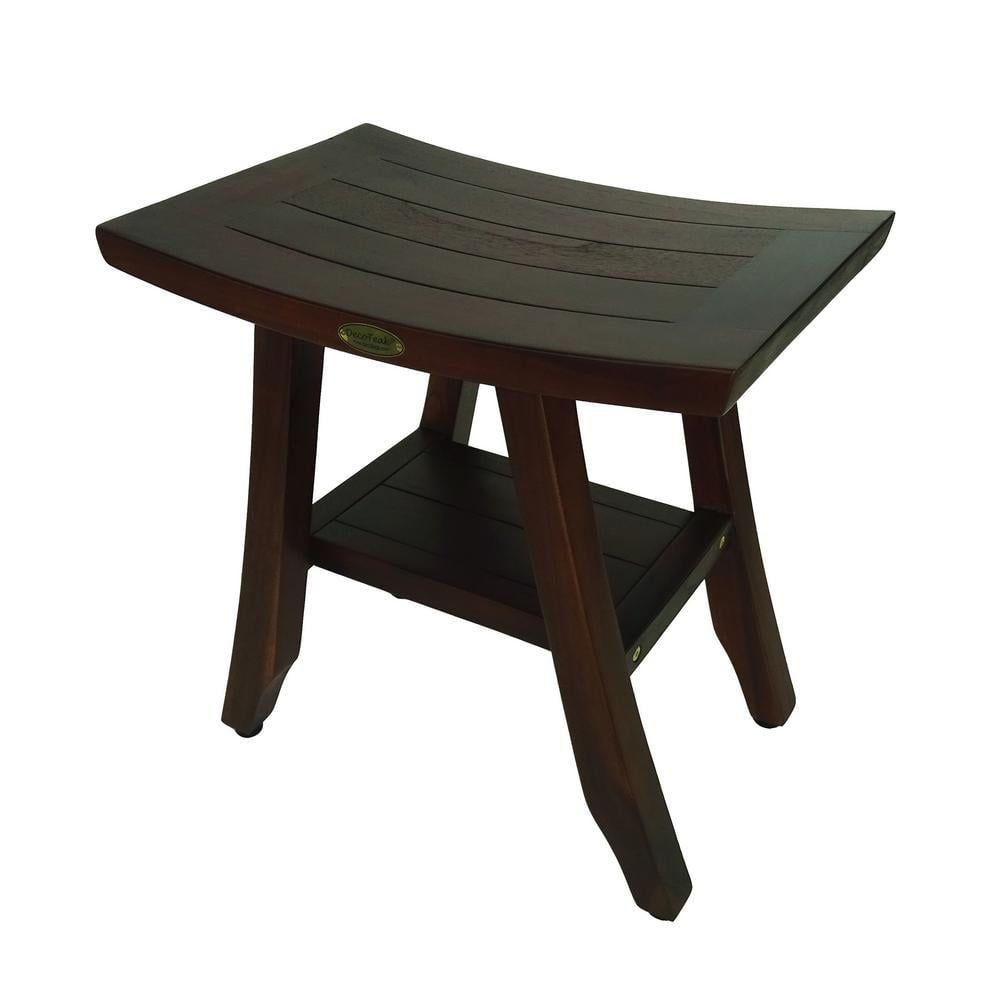 Compact Woodland Brown Teak Shower Bench with Storage Shelf