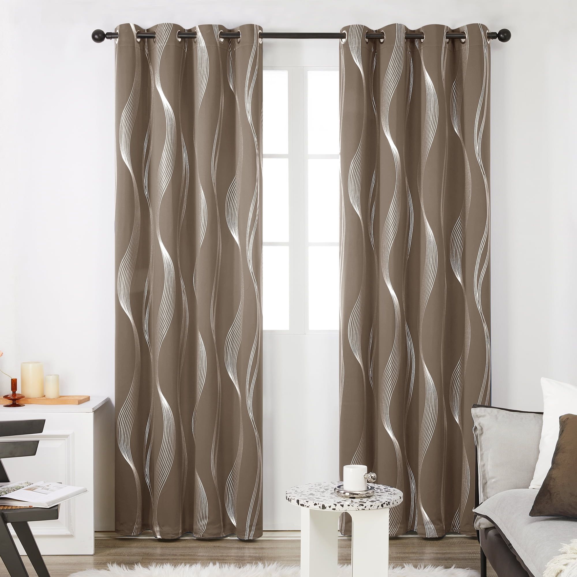 Khaki Silver Wave Blackout Grommet Curtains, 52" x 84"