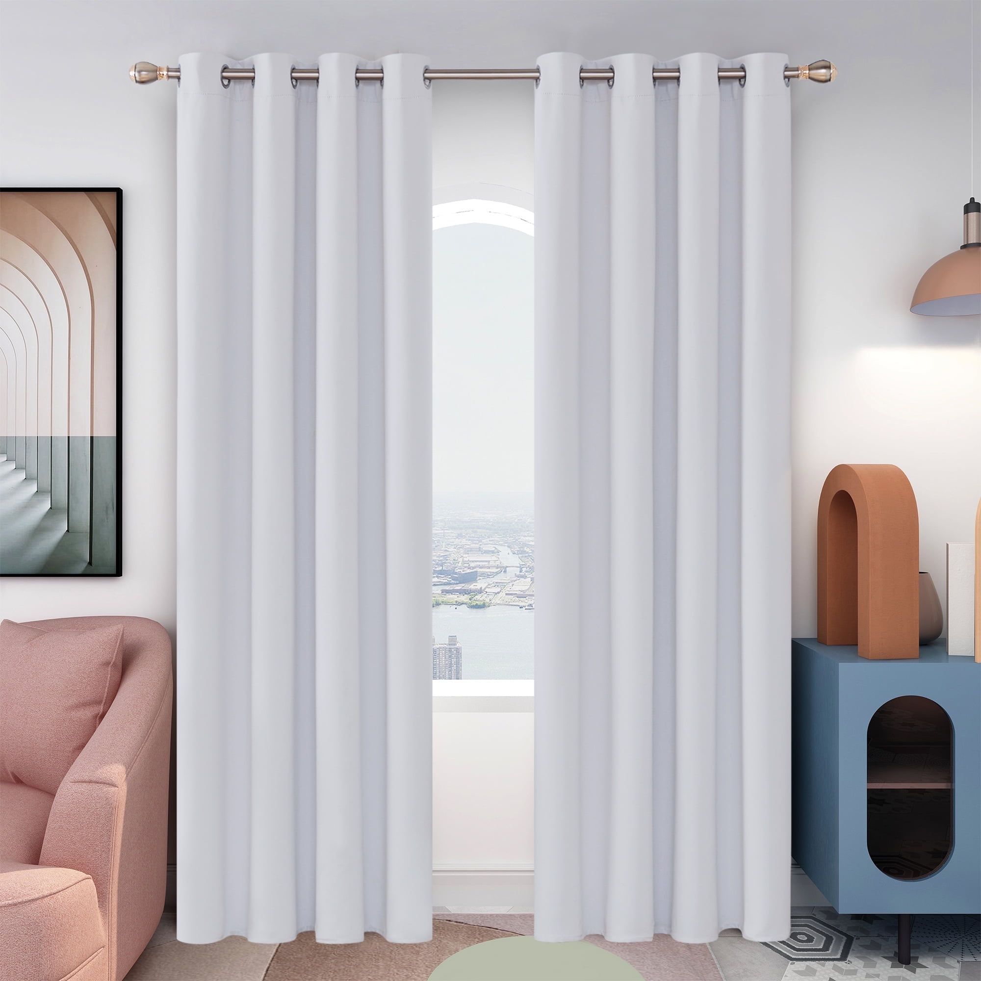 Grayish White Polyester Blackout Grommet Curtain Panels, 52" x 45"