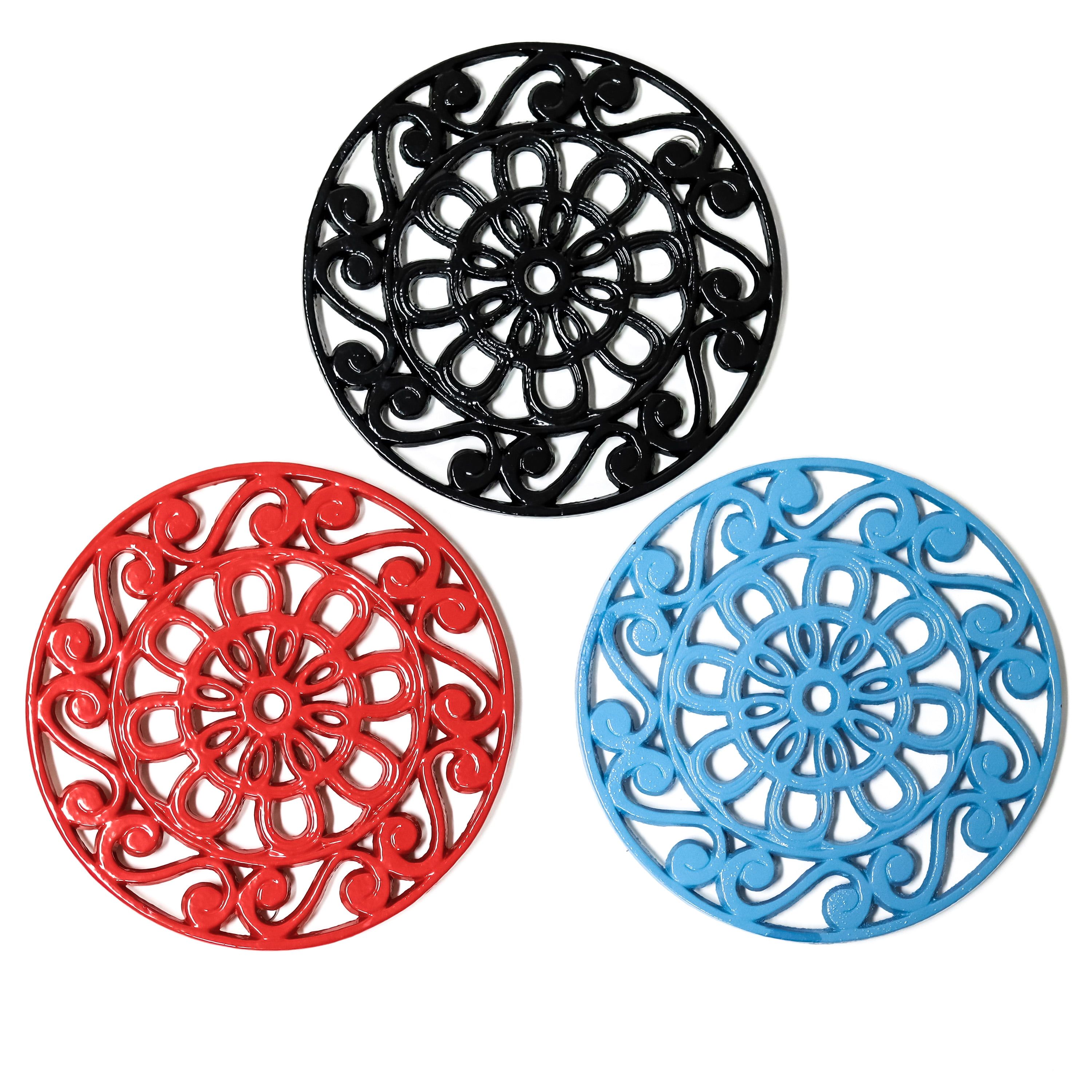 Set of 3 Round Decorative Cast Iron Trivets in Black, Red, and Blue