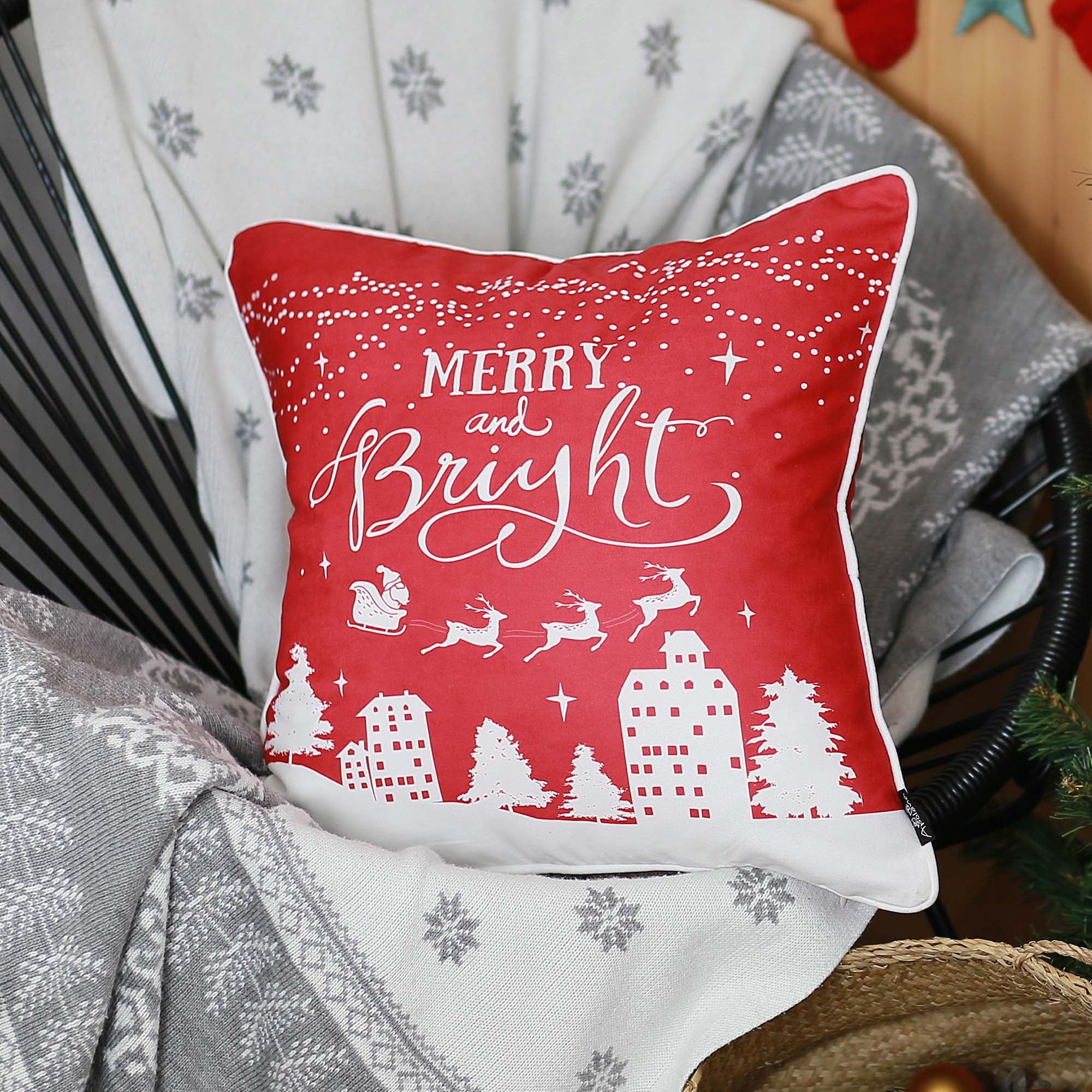 Merry and Bright Red and White Polyester Christmas Throw Pillow