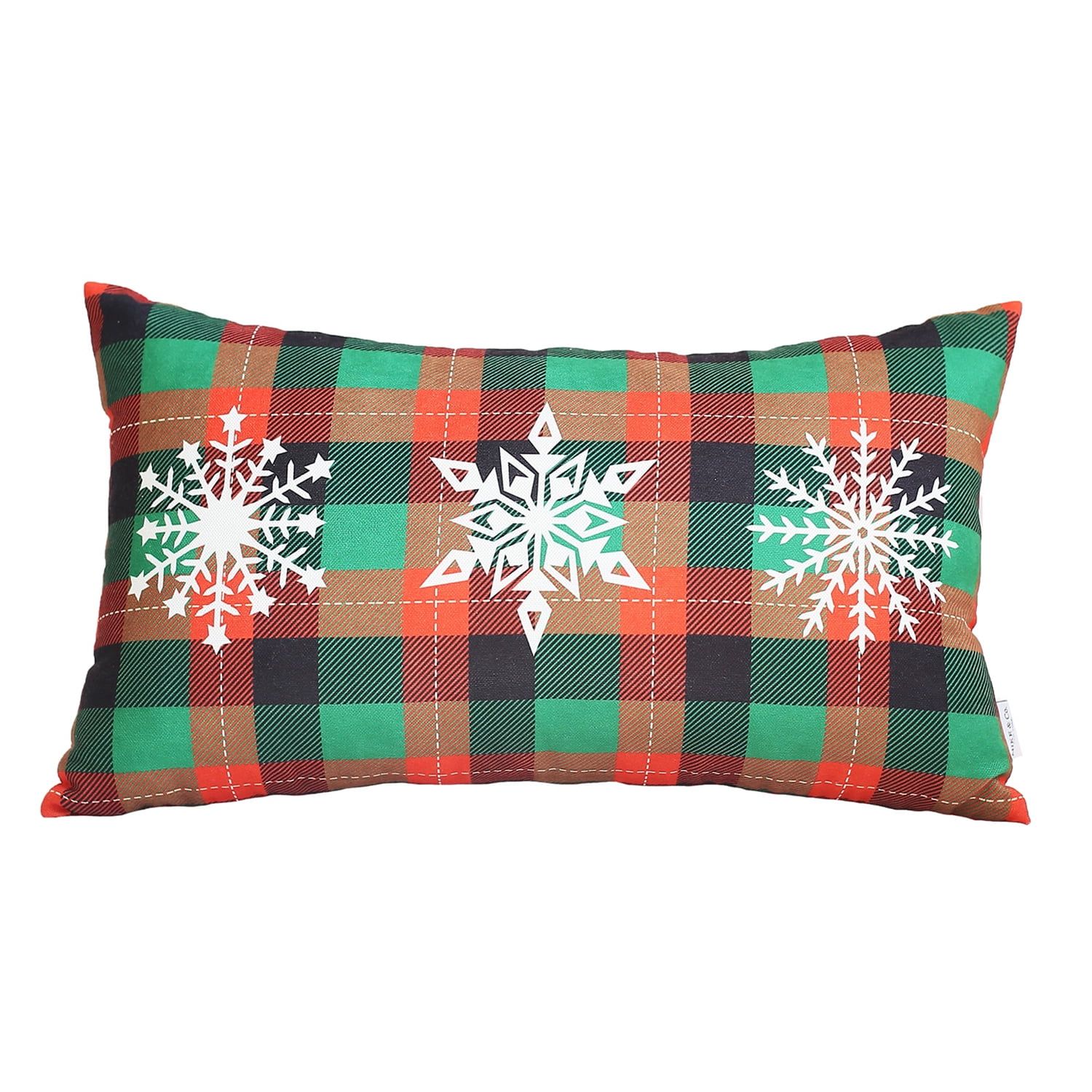 Red and Green Plaid Christmas Snowflake Lumbar Pillow Cover