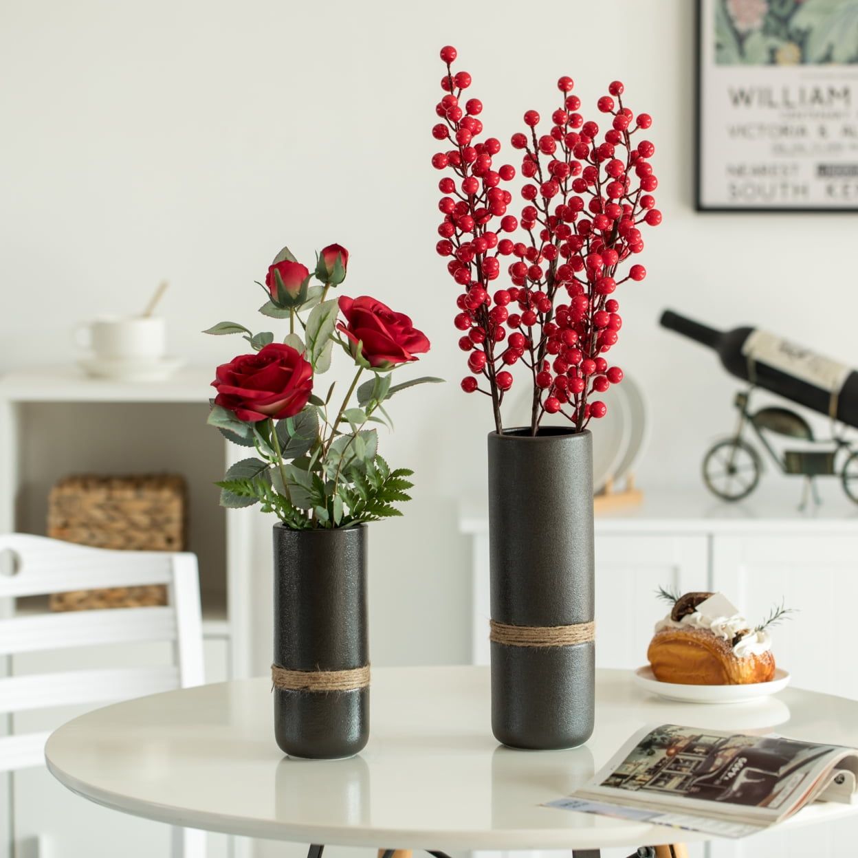 Elegant Cylinder Ceramic Table Vase in Black with Decorative Rope