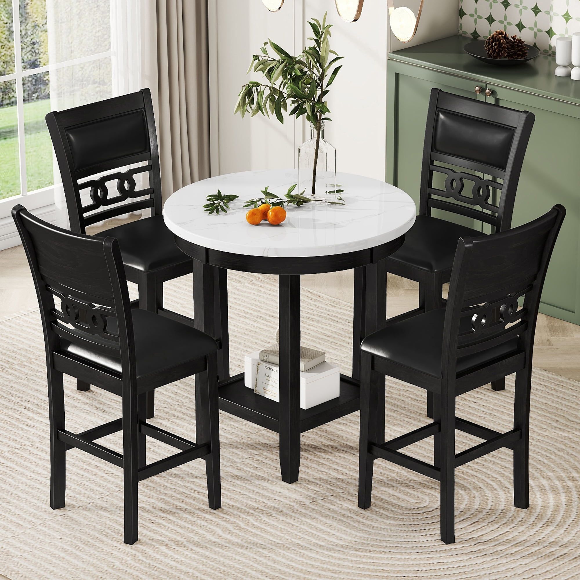 Counter Height Round Dining Set with Faux Marble Table and PU-Leather Chairs