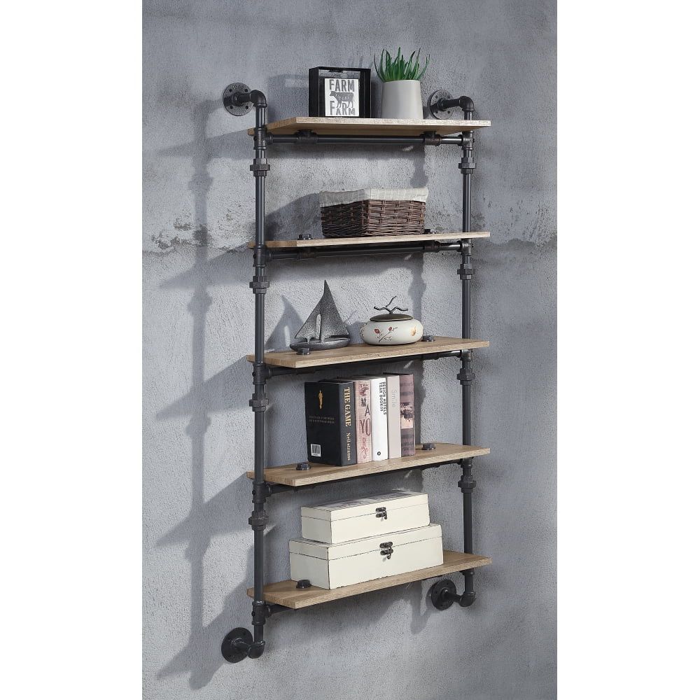 59" Industrial Oak and Black Wall-Mounted Bookshelf