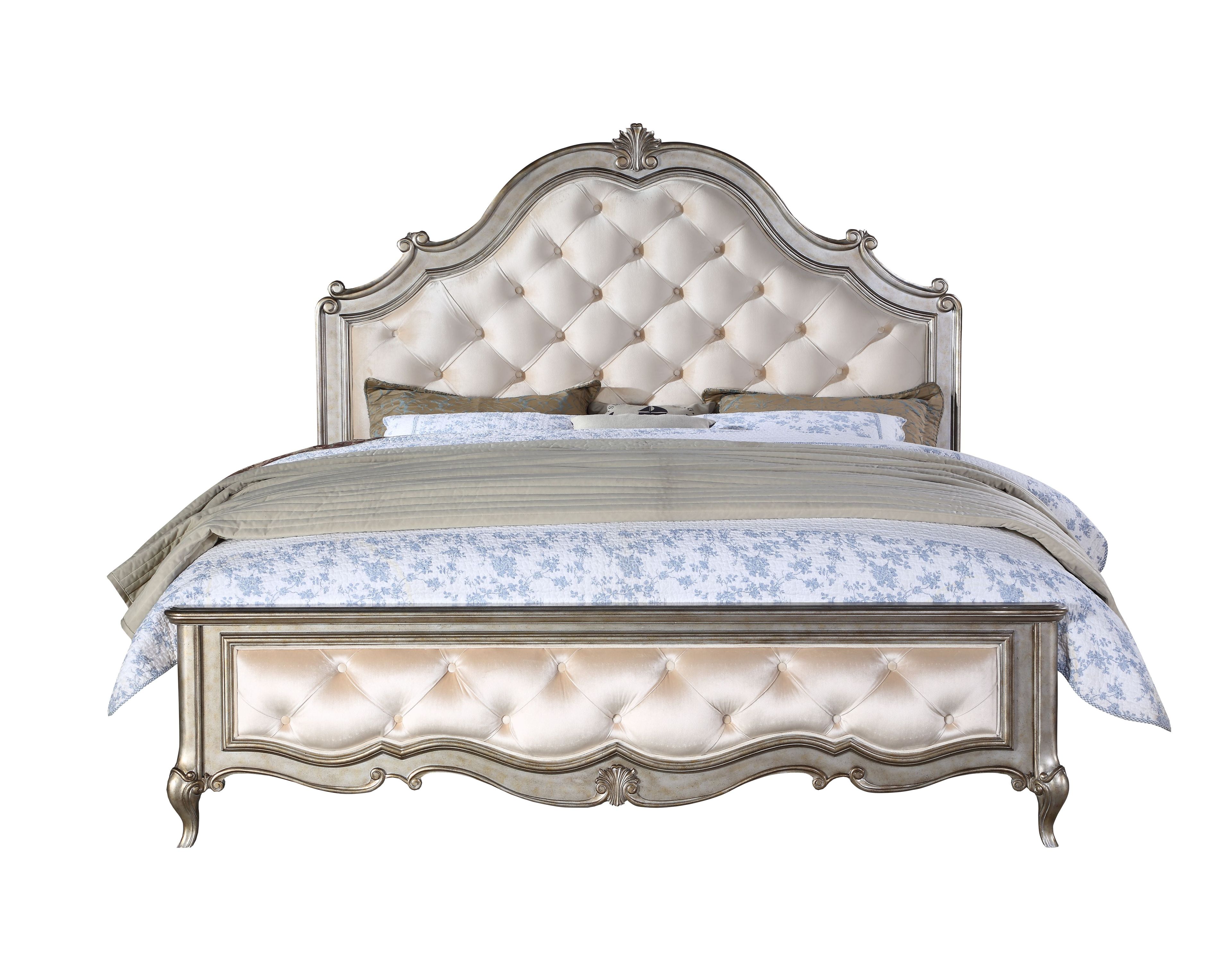 Ivory Velvet Queen Bed with Tufted Upholstered Headboard