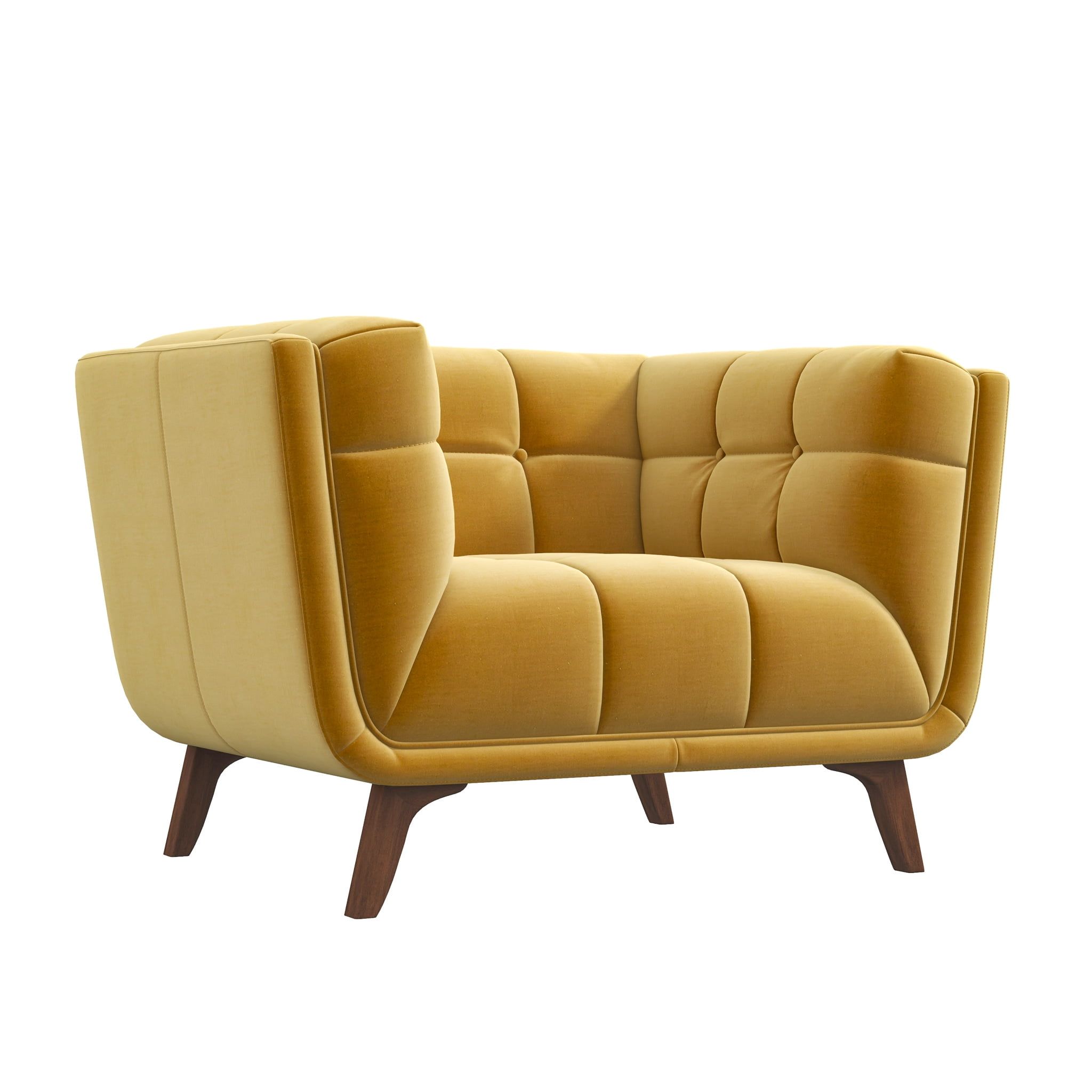 Mid-Century Modern Yellow Velvet Accent Chair with Wood Legs