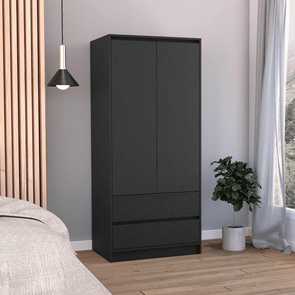 Austin Black Contemporary 2-Door Armoire with Drawers and Hanging Rod