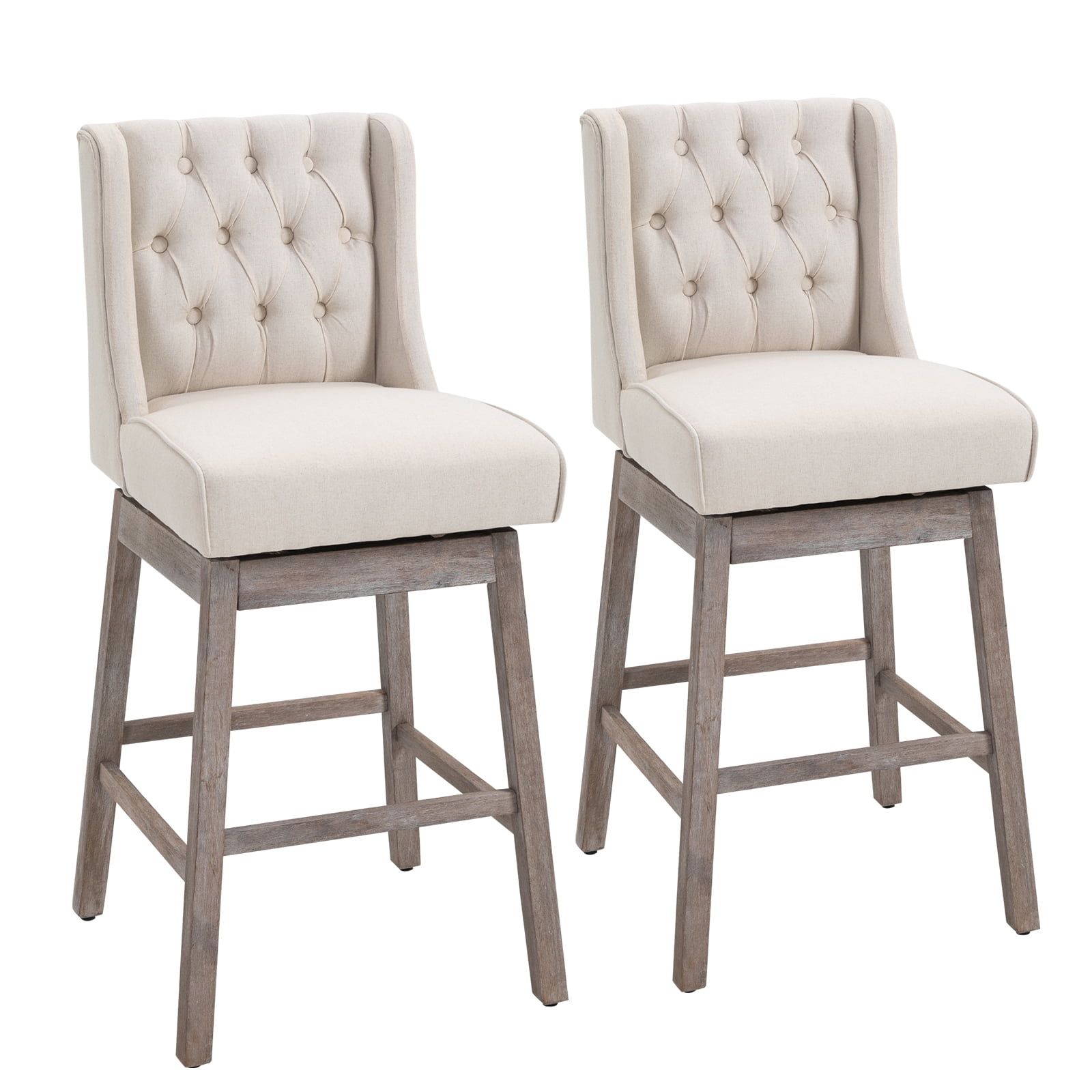 Beige and Gray Swivel Bar Stools with Button Tufted Design, Set of 2