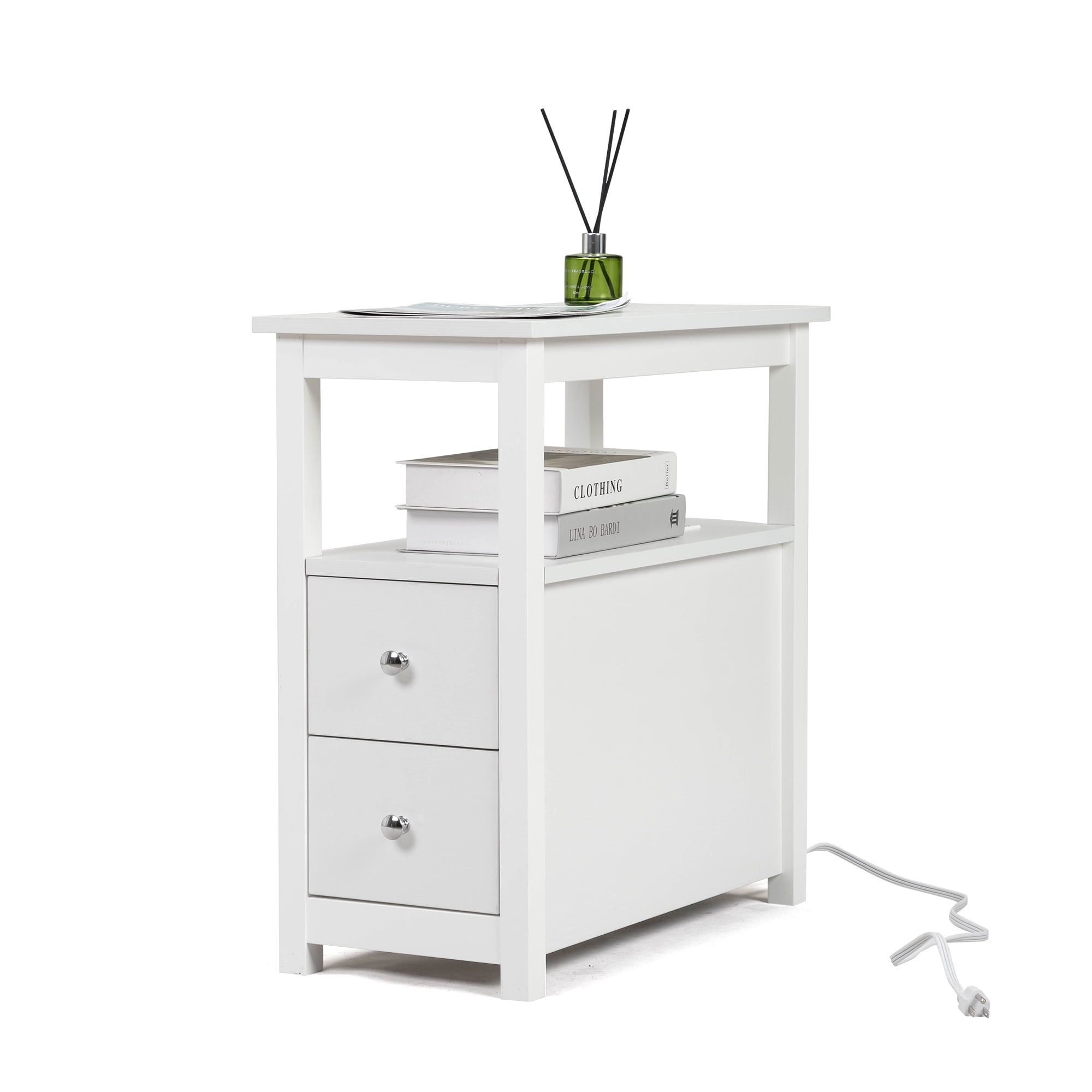 White Narrow MDF Nightstand with Charging Station and 2 Drawers