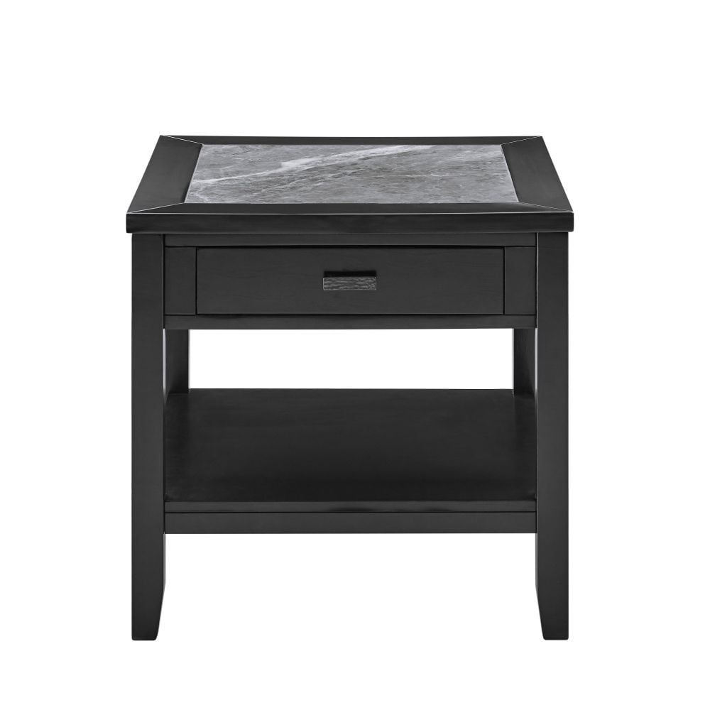 Black Square End Table with Gray Stone Top and Storage