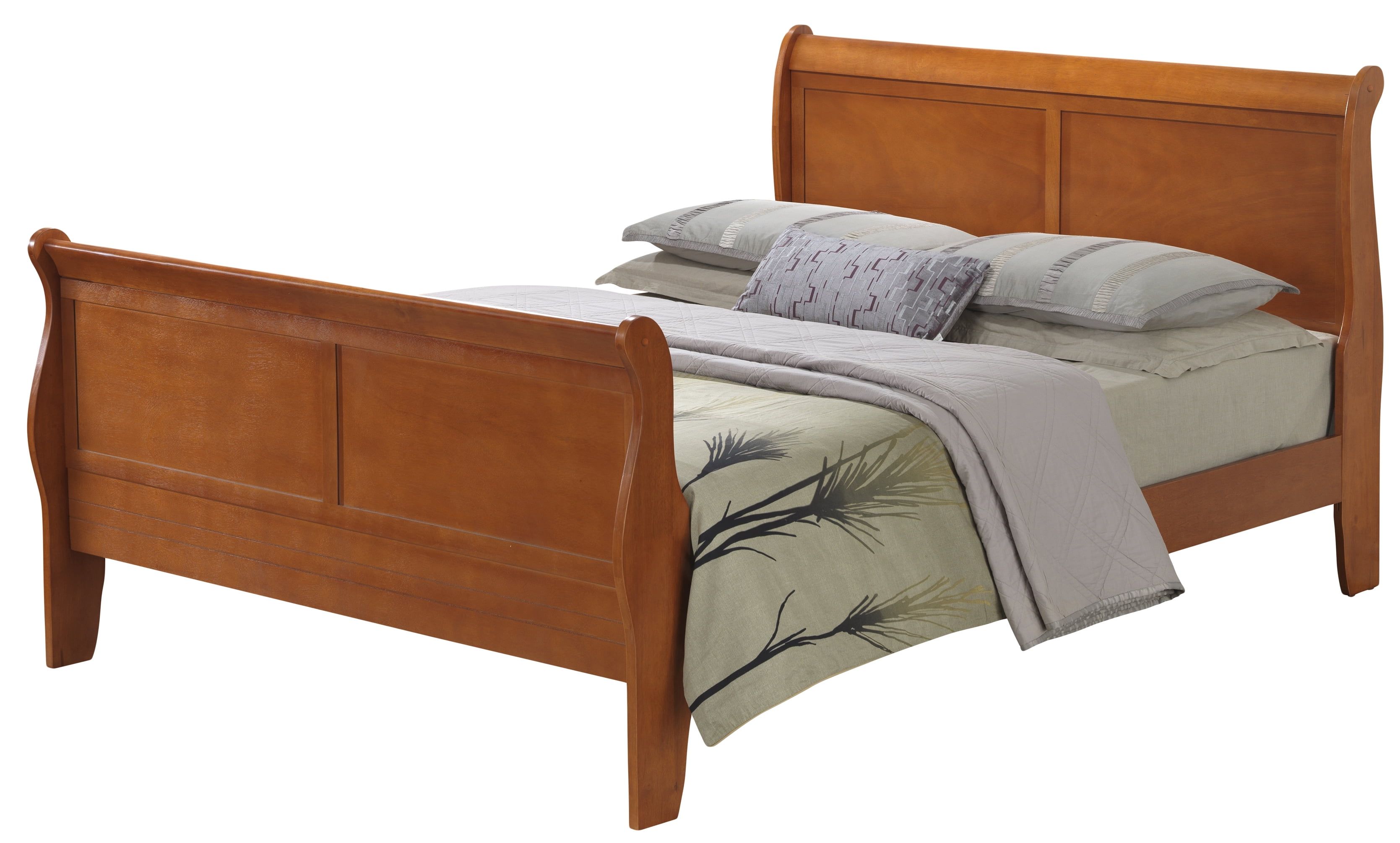 Oak Queen Sleigh Bed with Wood Frame and Headboard