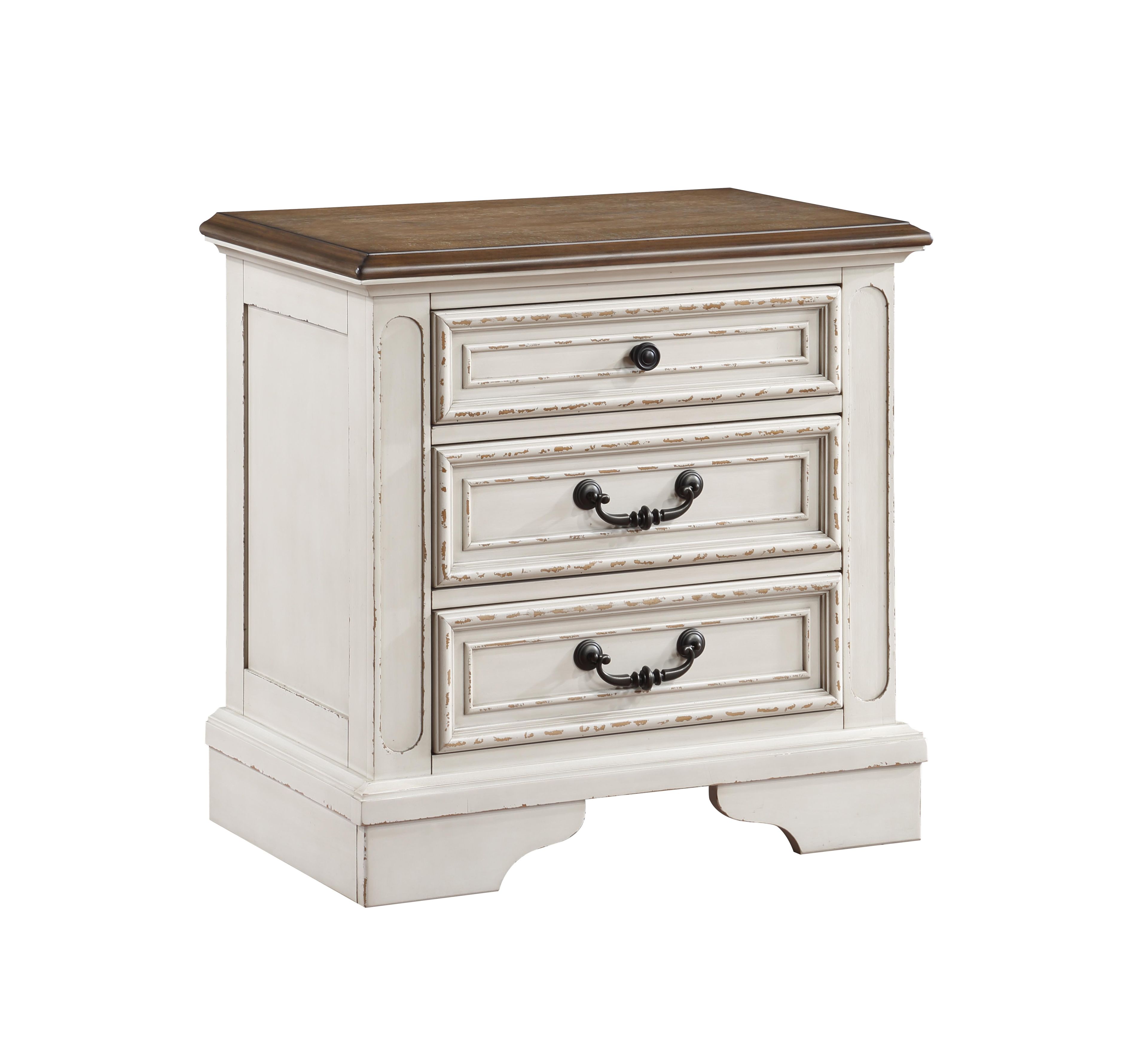 Antique White 3-Drawer Wood Nightstand with Driftwood Top