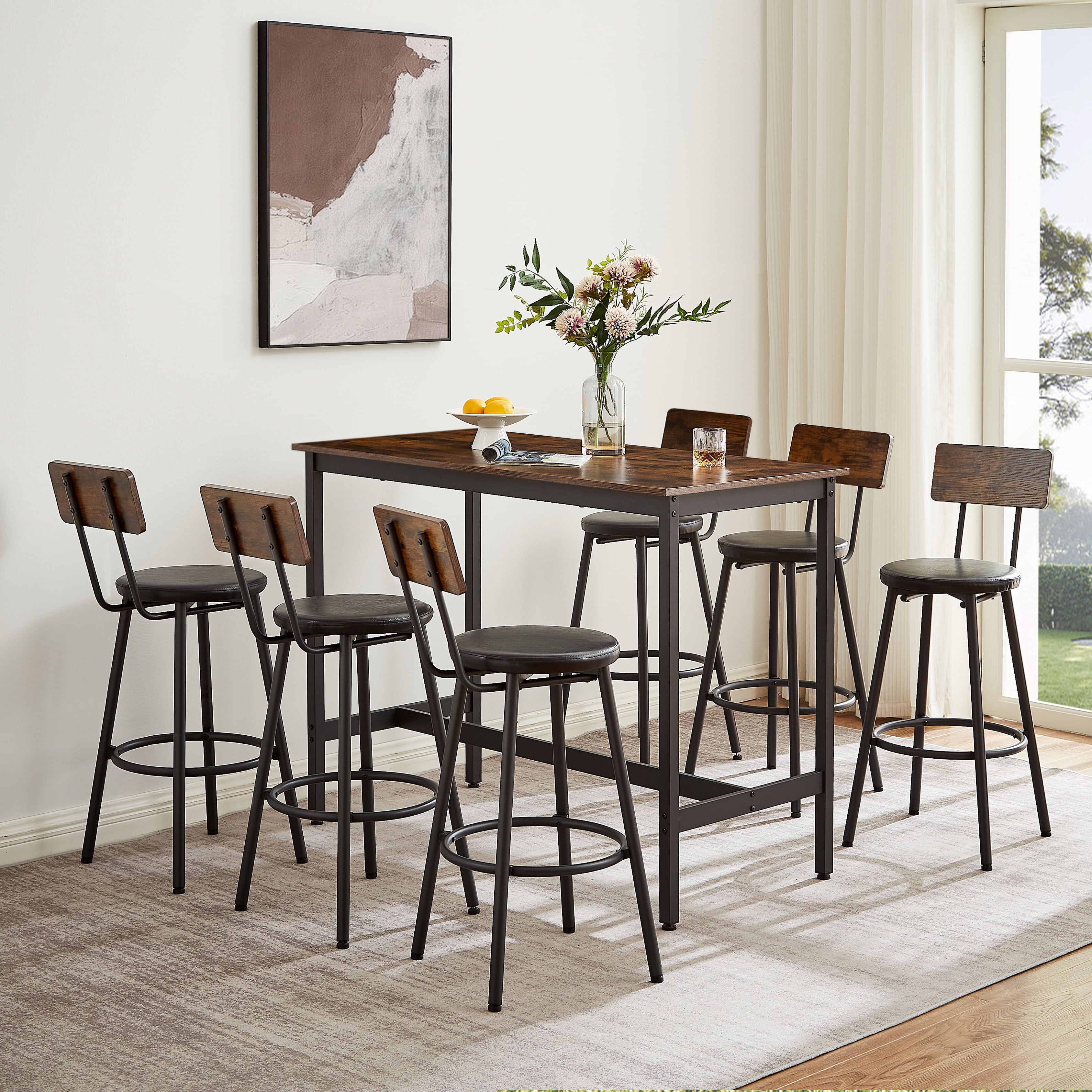 Rustic Brown Industrial Pub Table Set with 6 Bar Chairs