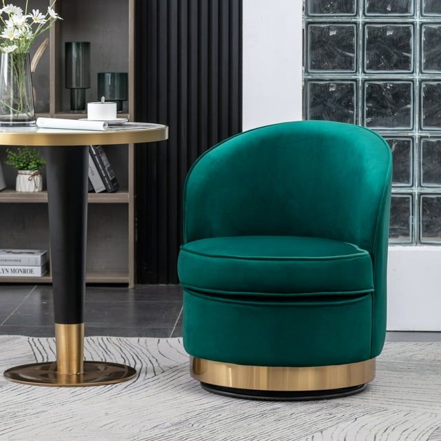 Green Velvet Swivel Barrel Chair with Wood Base