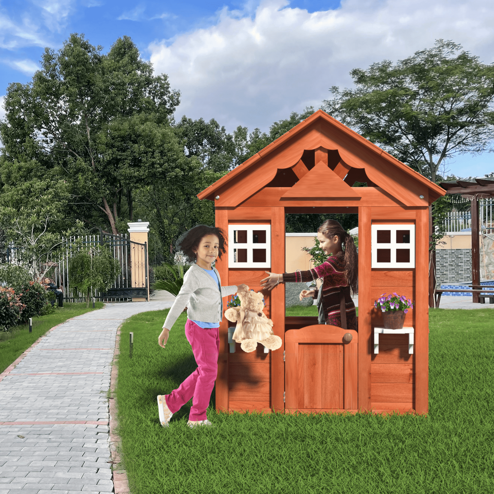 Golden Red Wooden Kids Playhouse with Windows and Flowerpot Holder