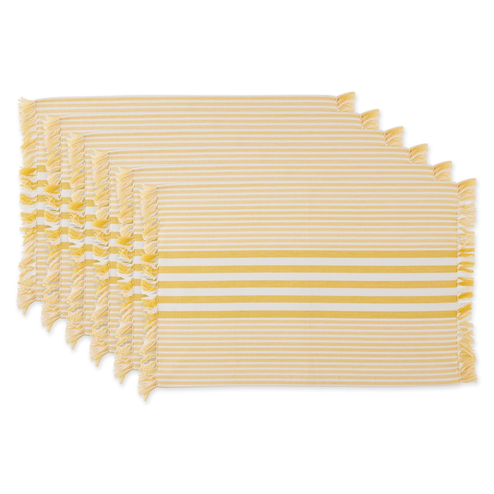 Deep Yellow and White Striped Fabric Placemats with Fringe, Set of 6