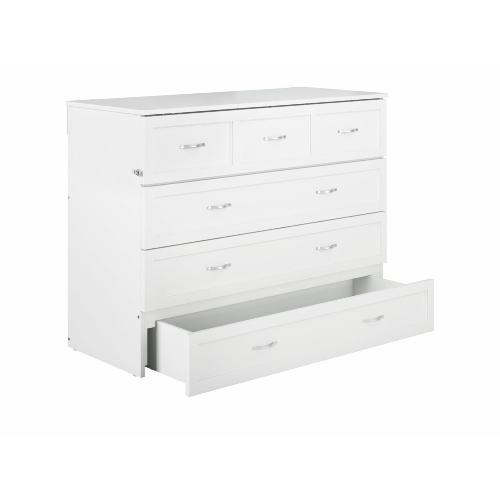 White Wood Frame Full Murphy Bed Chest with Storage Drawer