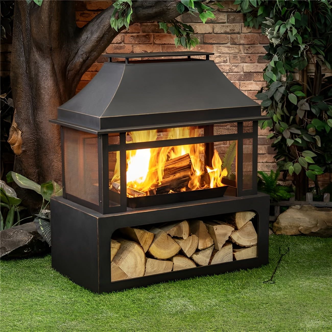 Black Steel 40'' Outdoor Fire Pit with Wood Storage