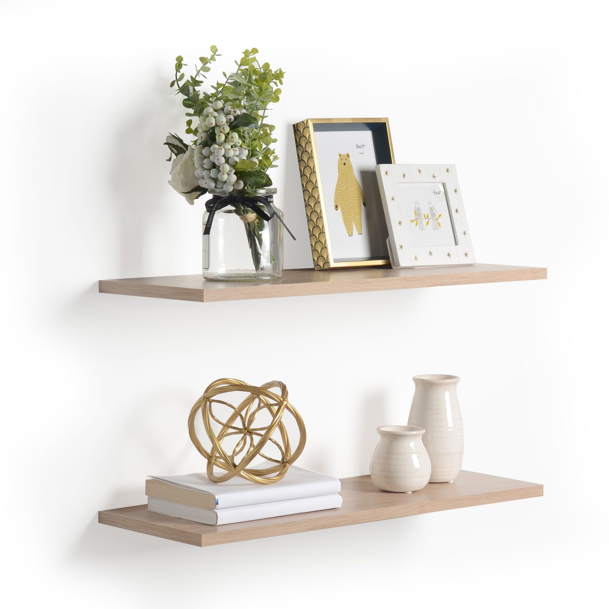 Light Oak 2-Tier Floating Wood Wall Shelves