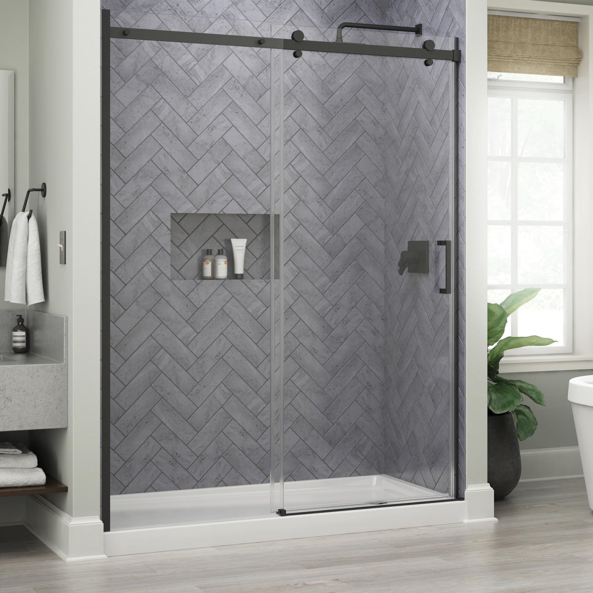 Delta Commix Matte Black Frameless Sliding Shower Door with Clear Glass