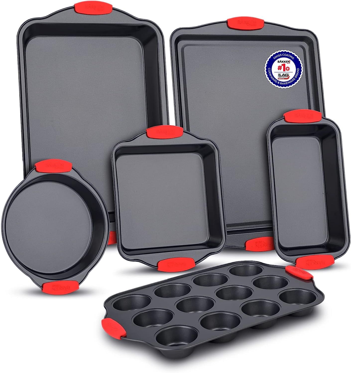 Deluxe 6-Piece Non-Stick Carbon Steel Bakeware Set with Red Silicone Handles