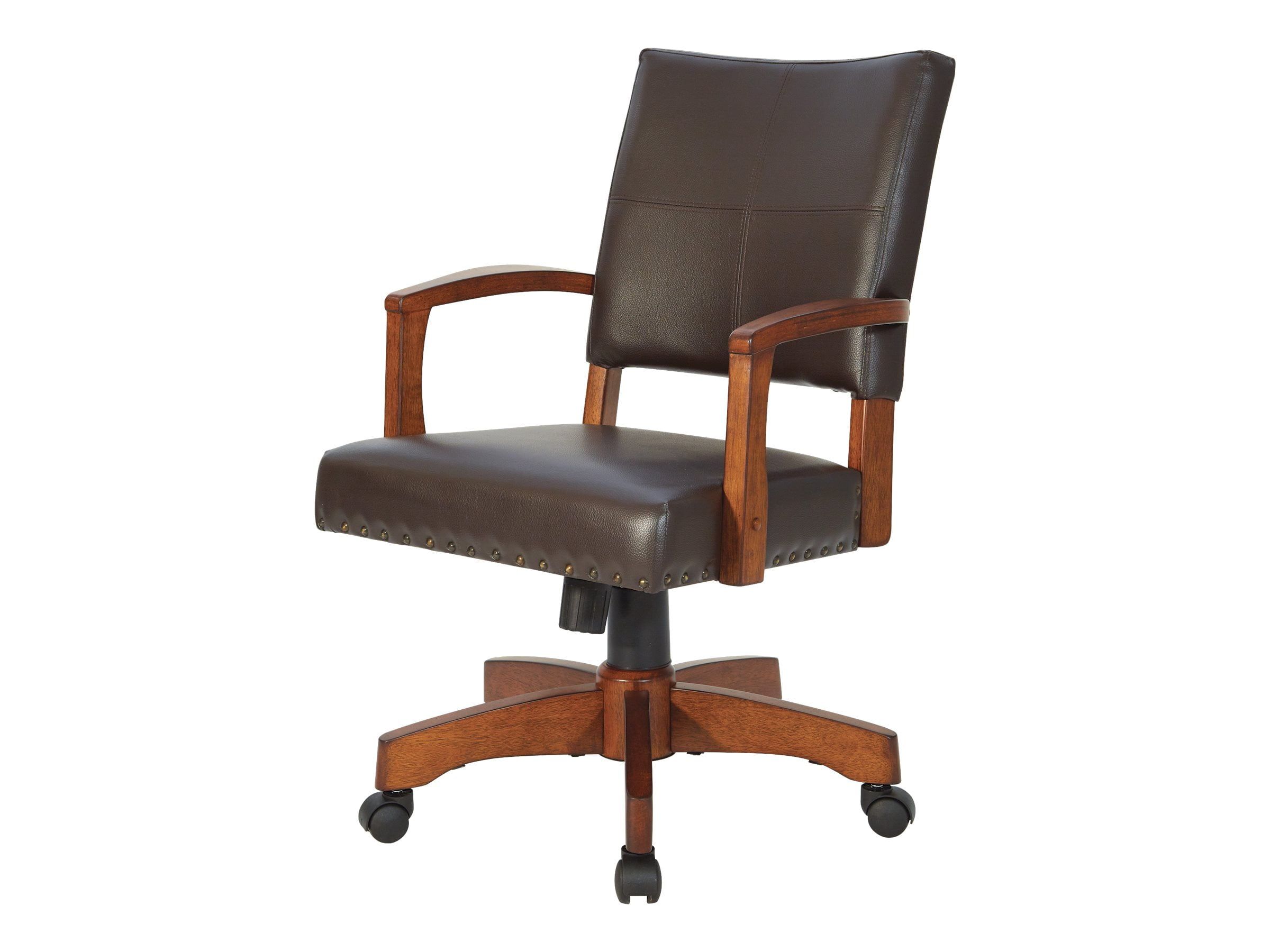 Espresso Leather Swivel Wood Banker Chair with Armrests