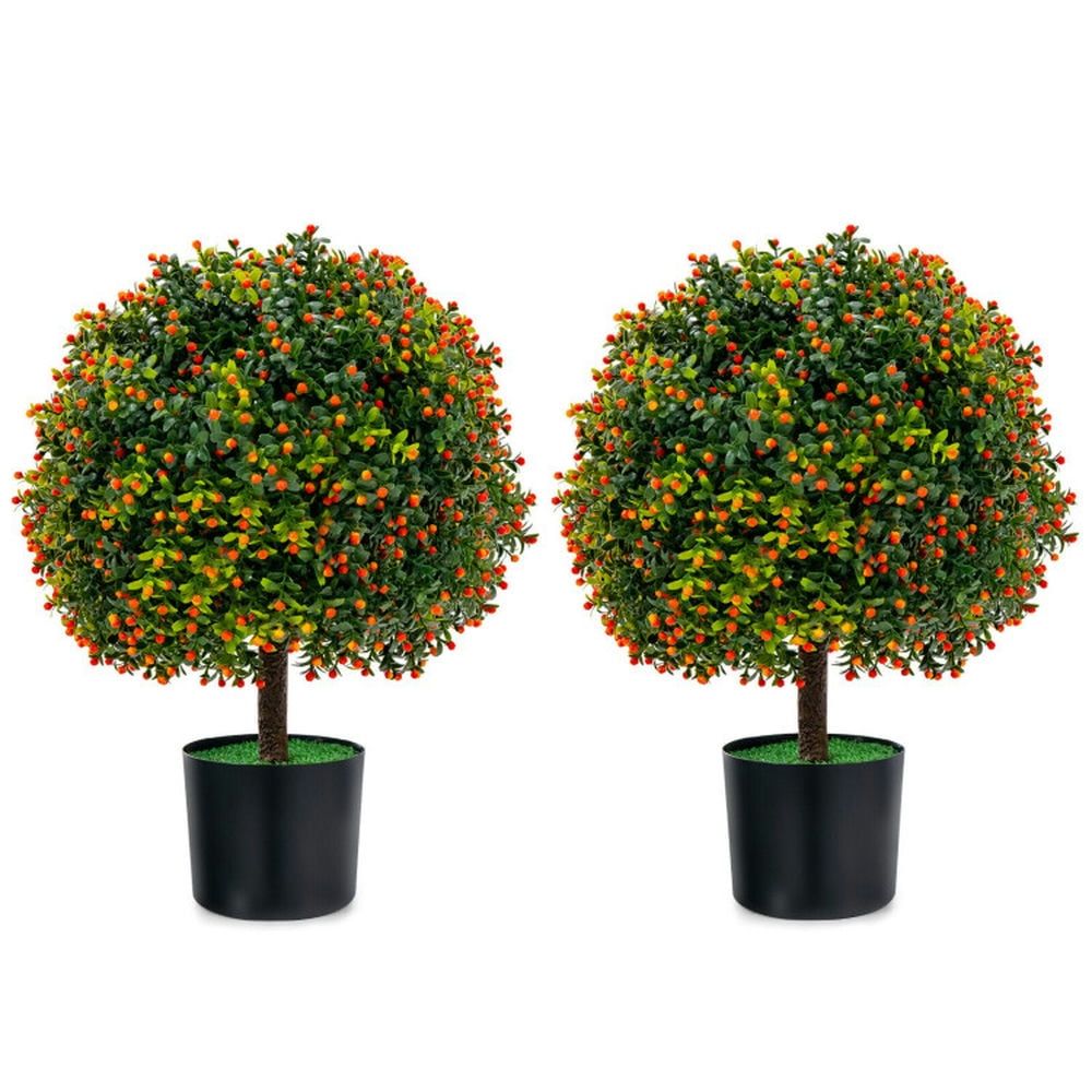 22" Green and Orange Plastic Boxwood Topiary Ball Trees in Black Pots