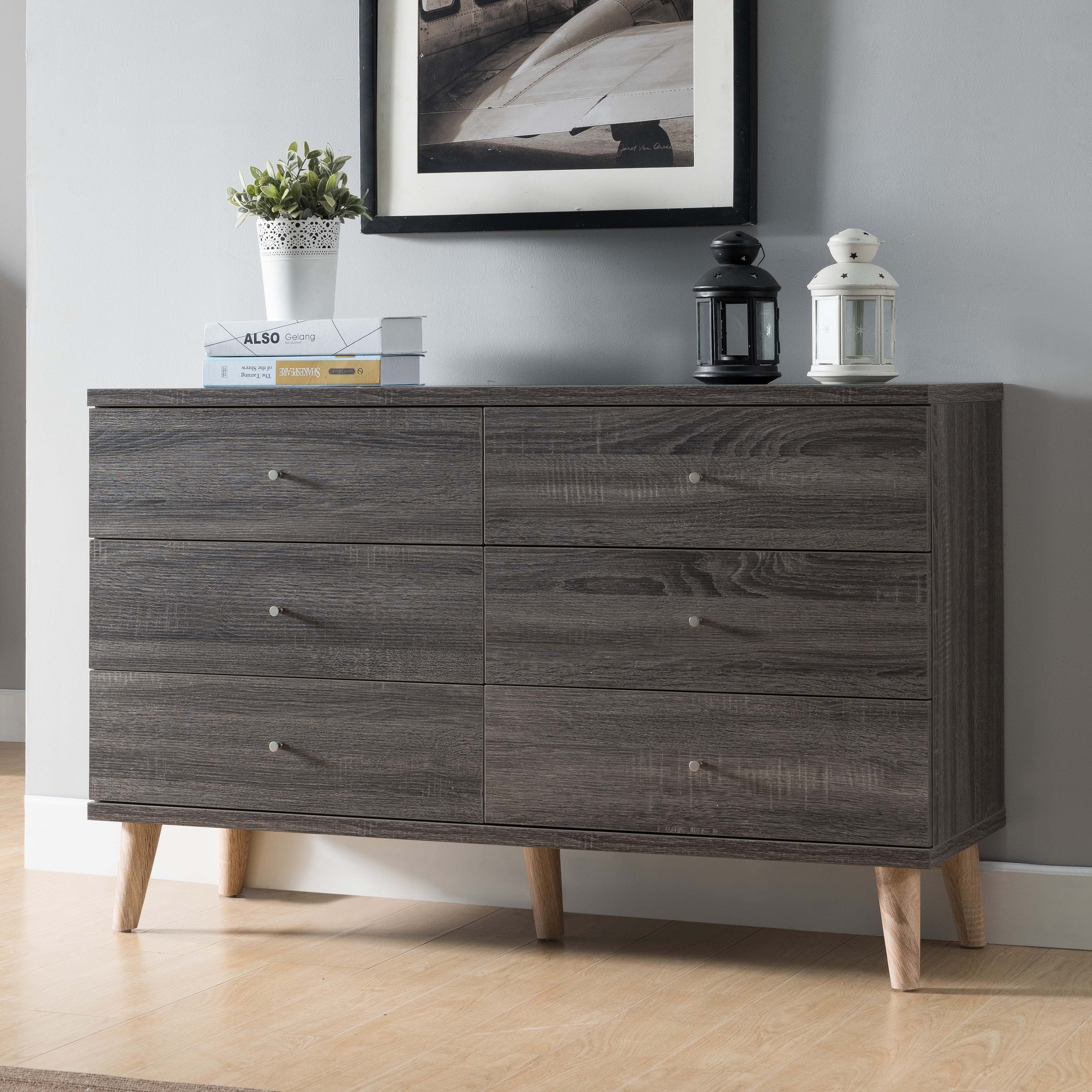 Gray Mid-Century Modern 47-Inch 6-Drawer Dresser with Natural Wood Legs