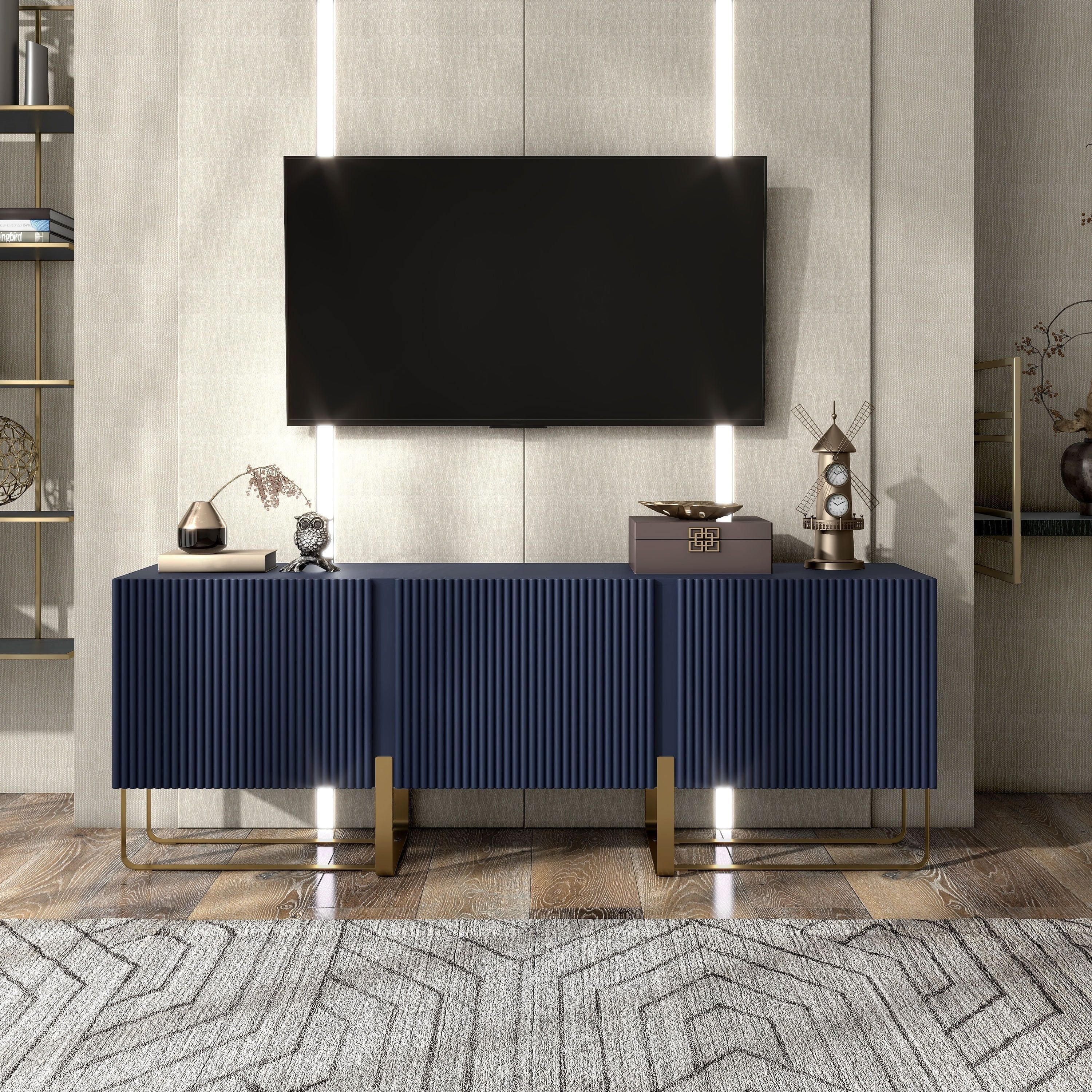 Indigo Blue Modern 60-Inch TV Stand with Gold Metal Legs