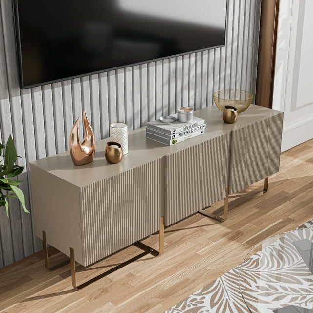 Light Taupe and Gold 60-Inch Modern MDF TV Stand with Cabinet