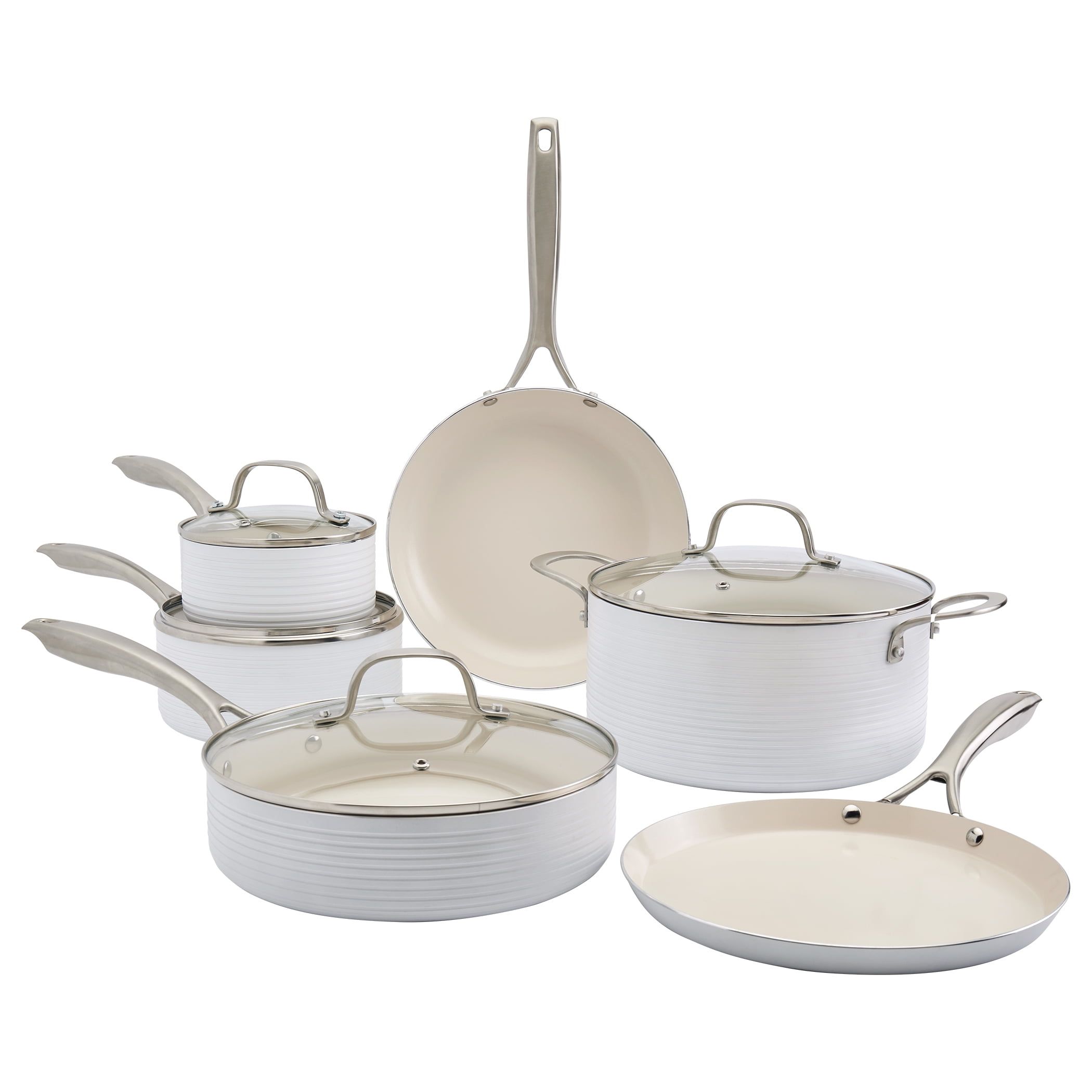 10-Piece White Nonstick Aluminum Cookware Set with Ribbed Design