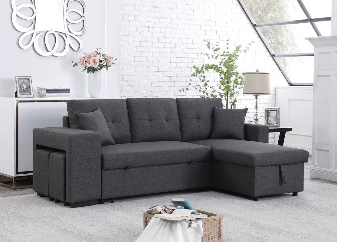 Dennis 57.5'' Dark Gray Linen Tufted Sleeper Sectional with Storage