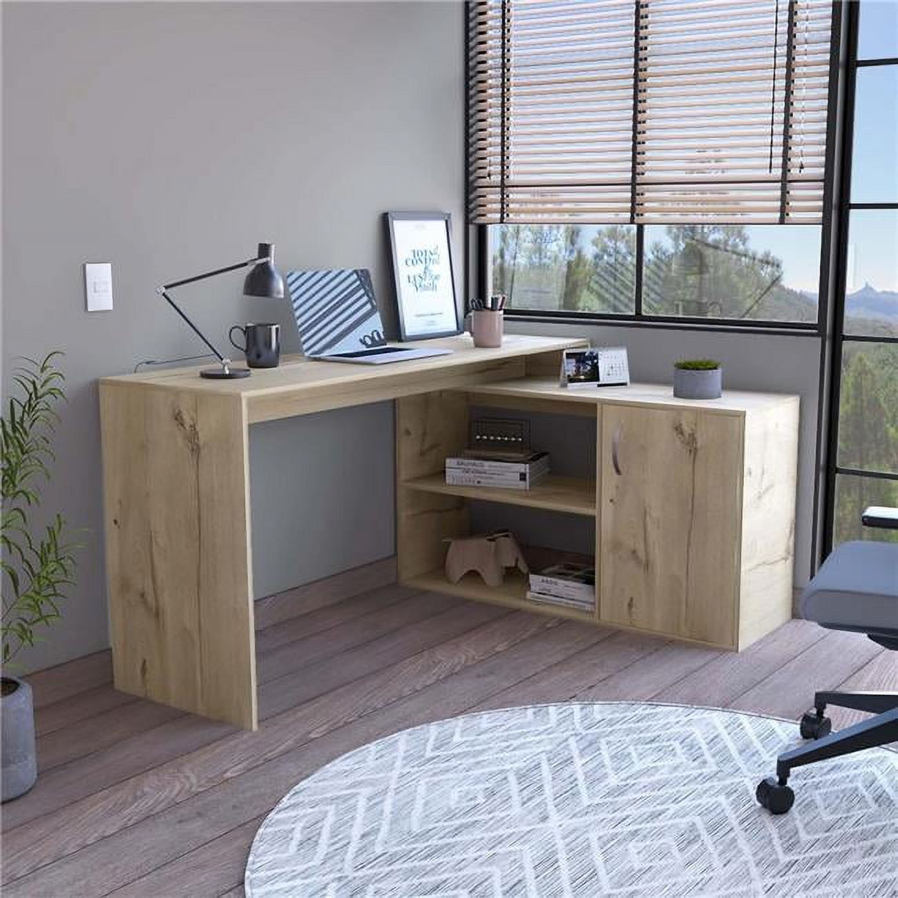 Light Oak L-Desk with Drawer and Filing Cabinet