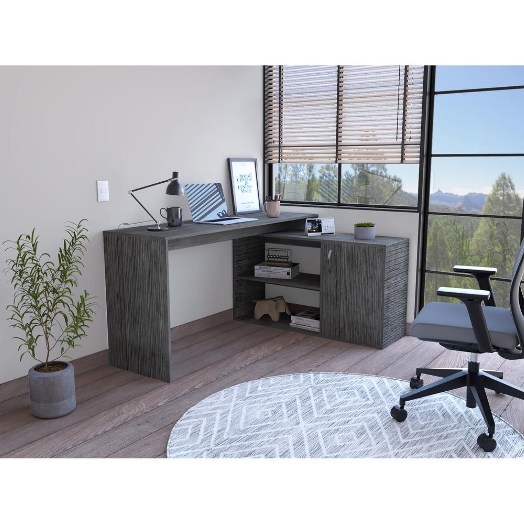 Boston Smoky Oak L-Shaped Home Office Desk with Filing Cabinet