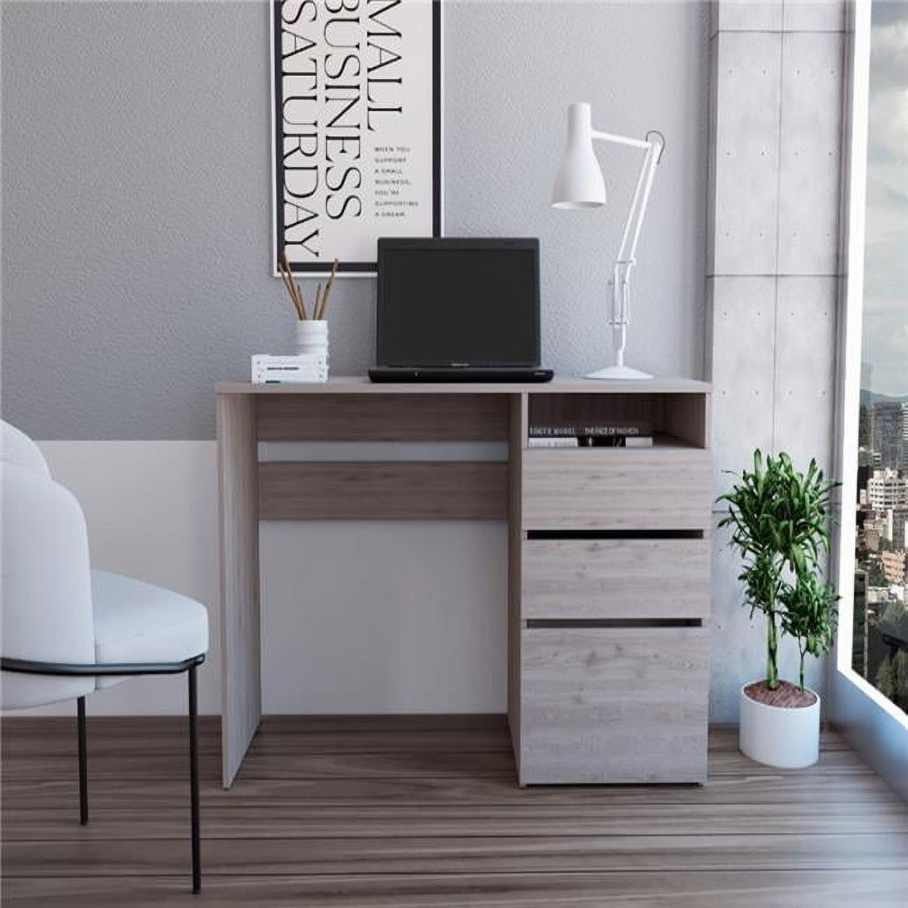 Light Gray Wood Computer Desk with 3 Drawers