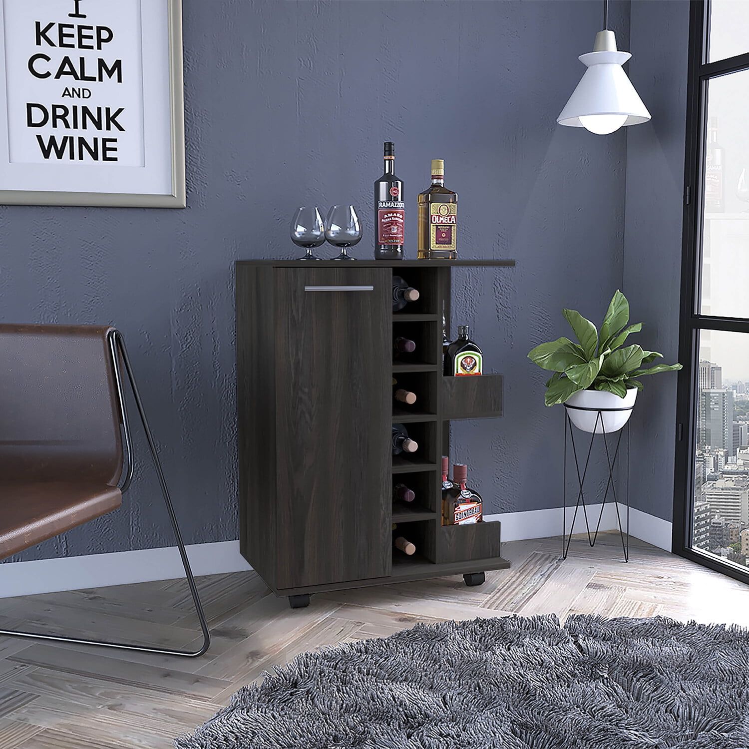 Magda Carbon Espresso Bar Cart with Wine Rack and Storage