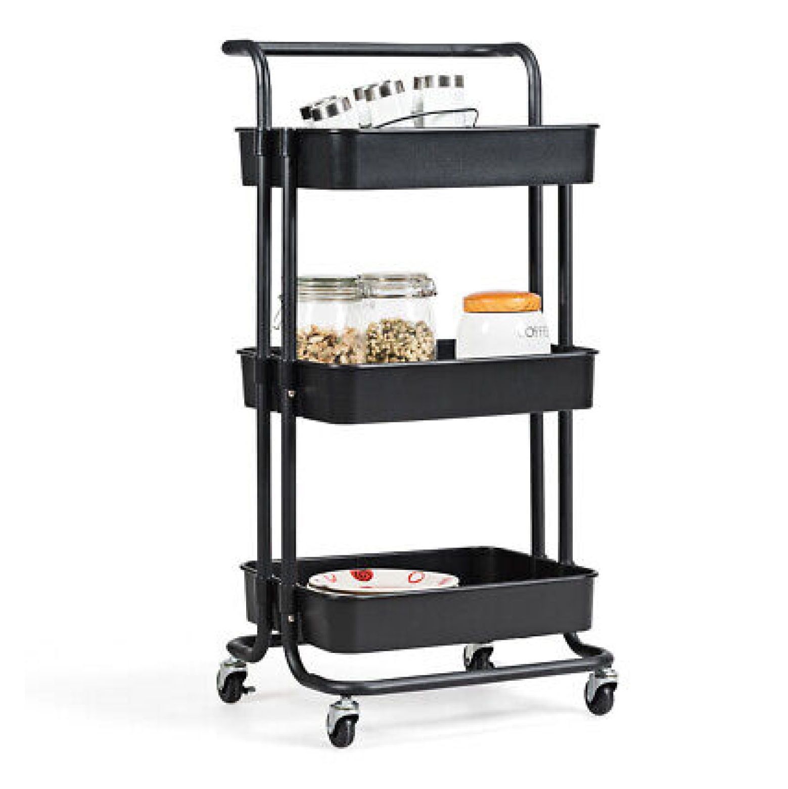 Black 3-Tier Metal Rolling Utility Cart with Casters