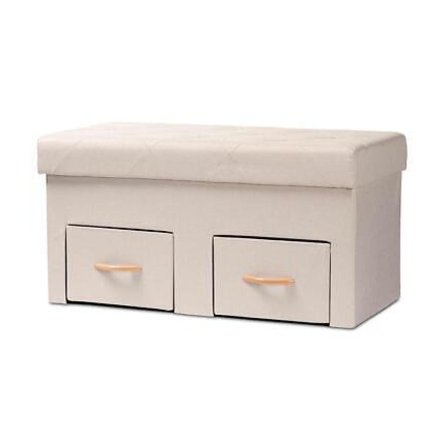 Beige Fabric Upholstered 2-Drawer Storage Ottoman with Oak Finish