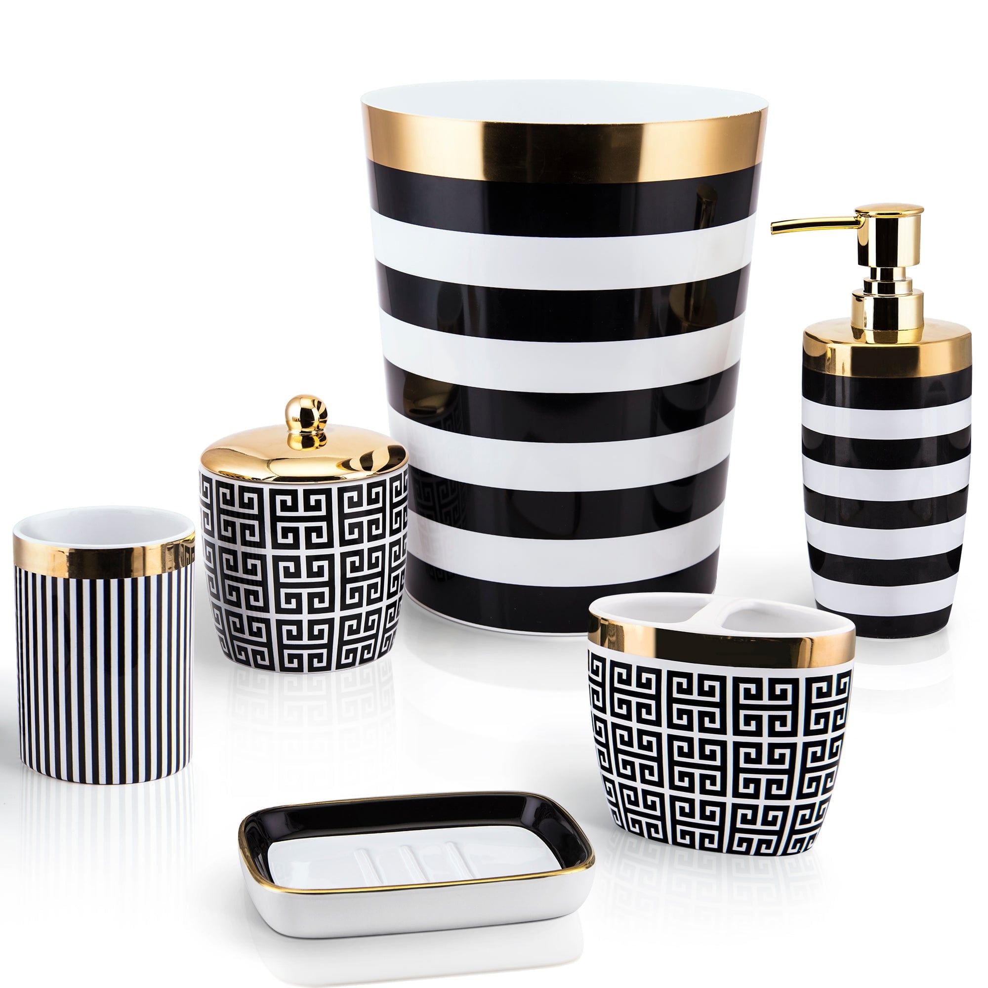 Black and White Ceramic and Plastic 6-Piece Bath Accessory Set