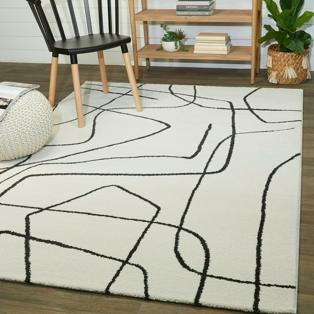 Mustard and Ivory Abstract Rectangular Synthetic Area Rug 6'7" x 9'