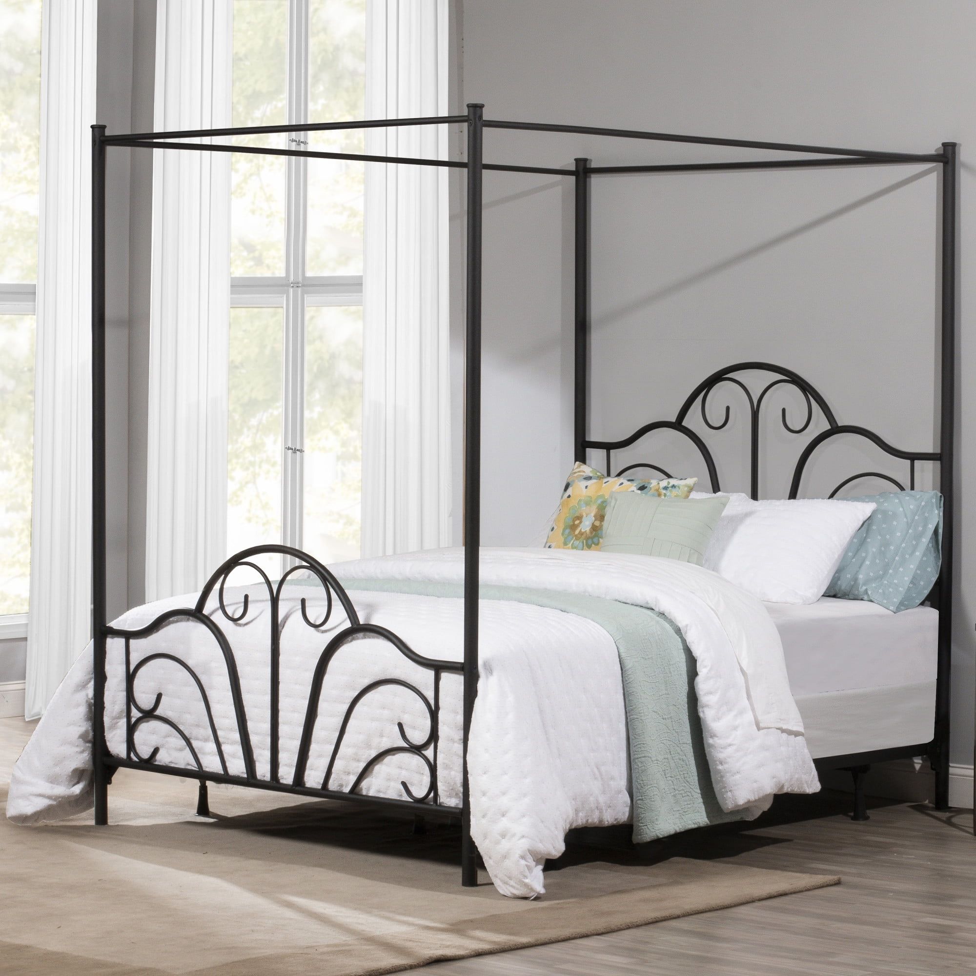 Dover Full/Double Metal Canopy Bed with Scrollwork, Textured Black