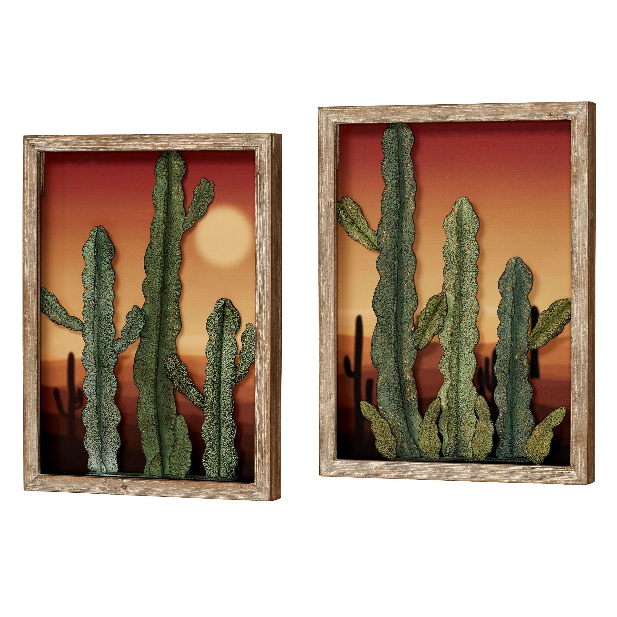 Southwest Sunset Cactus Landscape Wall Art Set with Wooden Frames